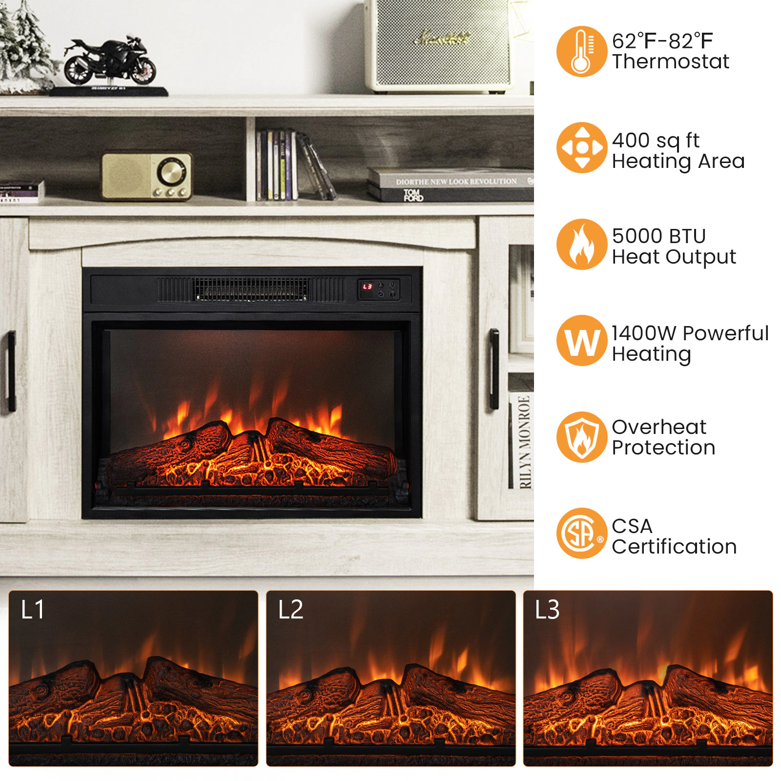 LJG Fireplace TV Stand for TVs up to 65 Inch with Side Cabinets and Remote Control