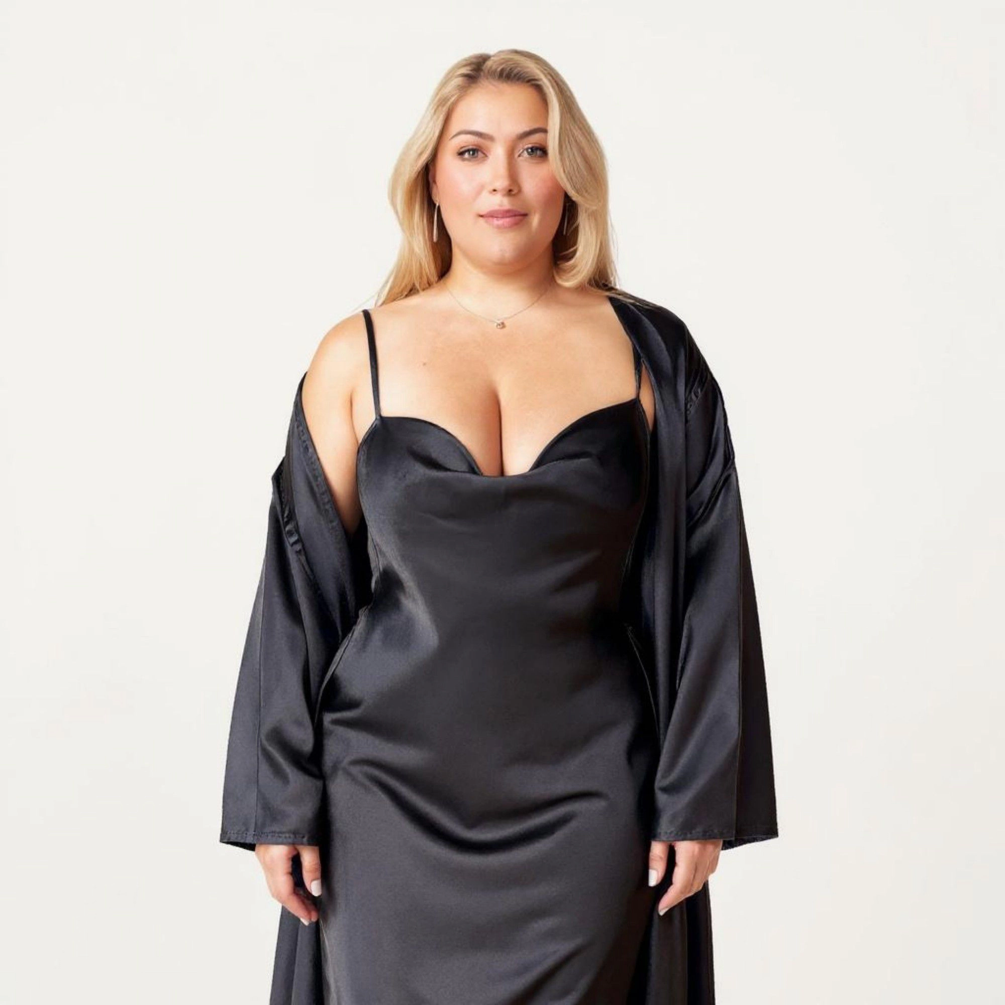 Anna-Kaci Women's Satin Slip Dress and Long Robe Set with Draped Neckline Elegant Flowing Open Front Layered Design