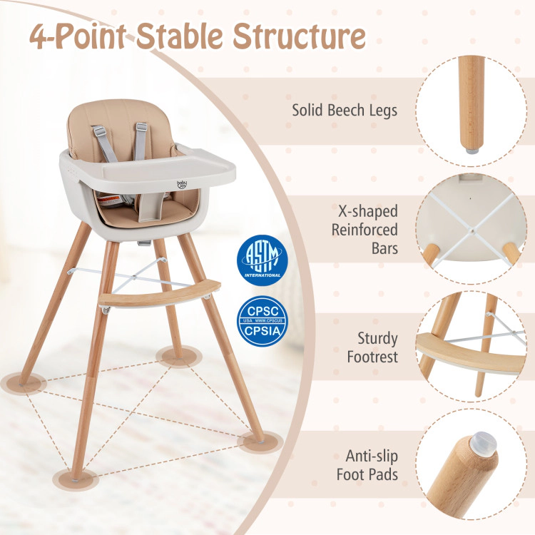 Hivvago 6-in-1 Convertible Wooden Highchair with Safety Harness and Adjustable Legs-Light Brown