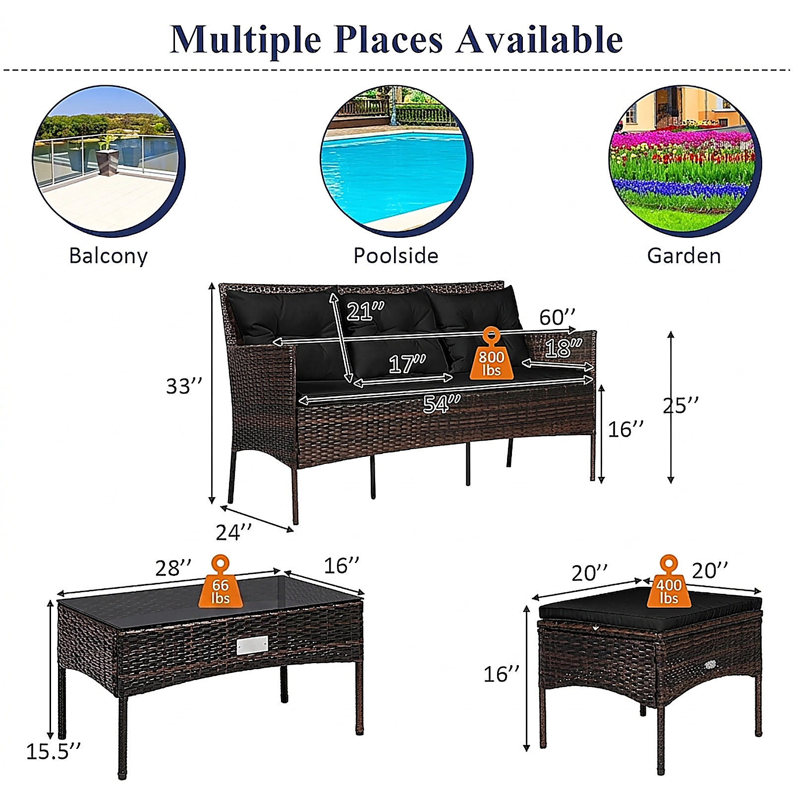 SUGIFT 3-Piece Black Rattan Outdoor Sofa Set with Ottoman, Glass Coffee Table and 5 Cushions