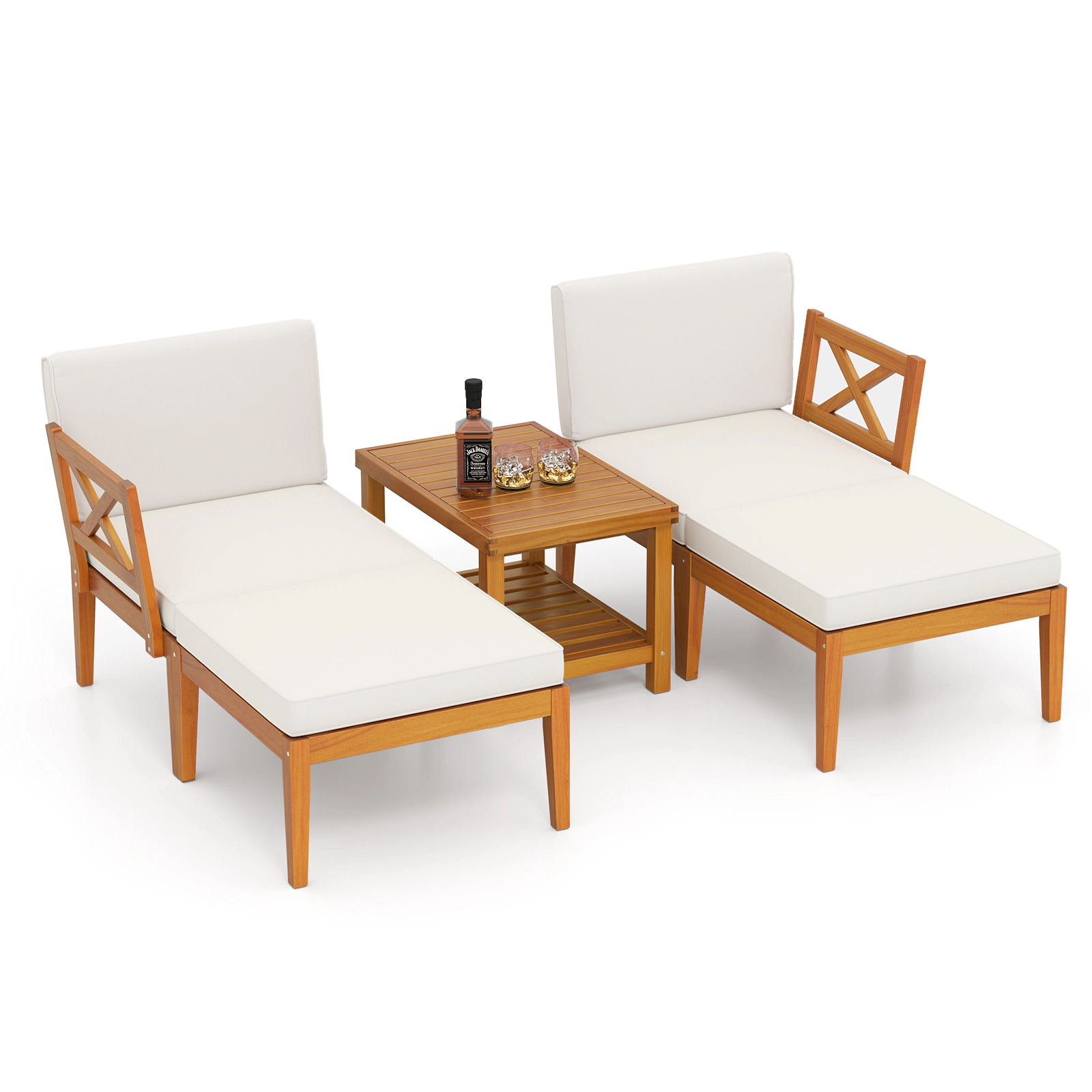 SUGIFT 5-Piece Off-White Acacia Wood Patio Chaise Lounge Set with Ottoman and 2-Tier Table