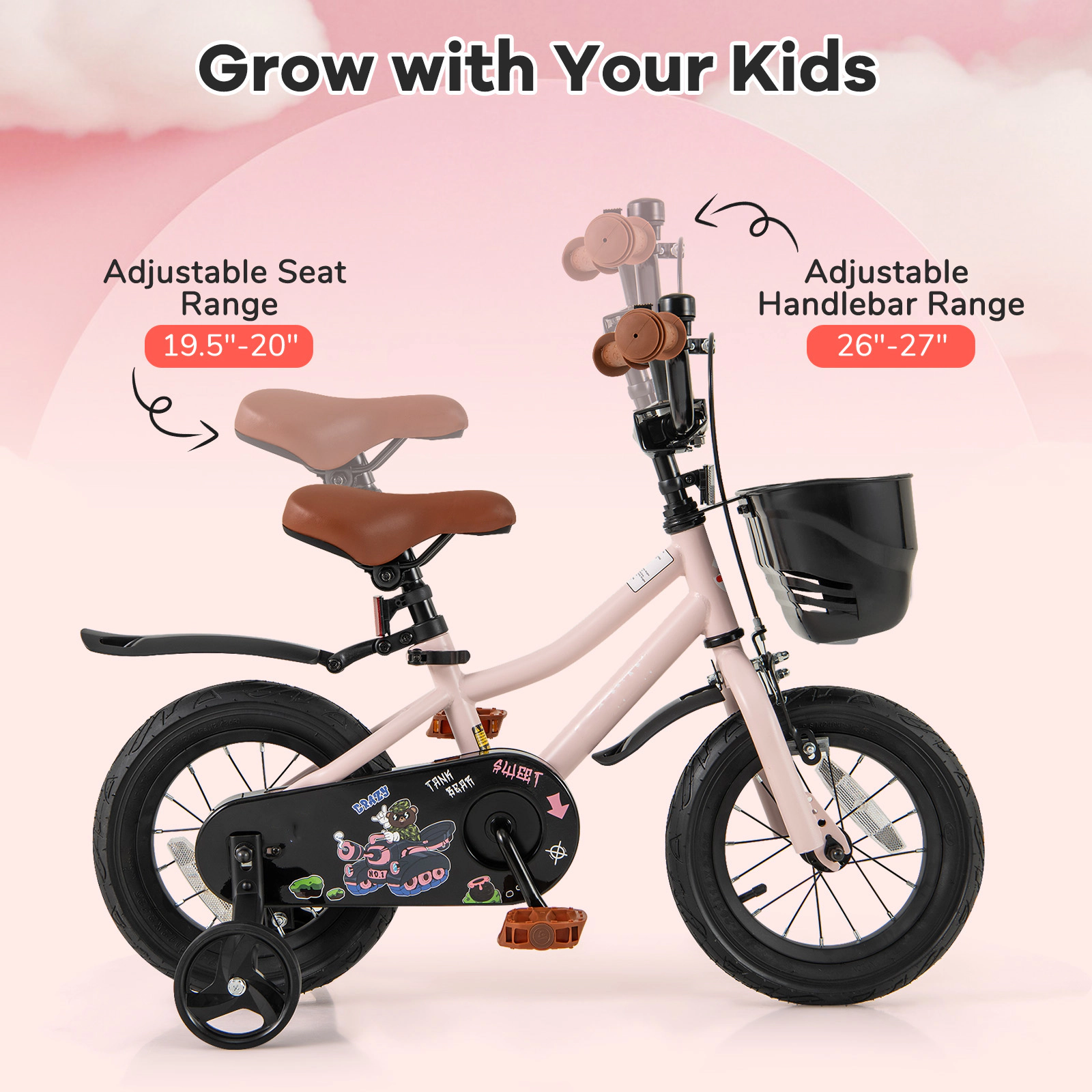 SUGIFT Pink Removable Training Wheels and Front Storage Basket Kids Bike