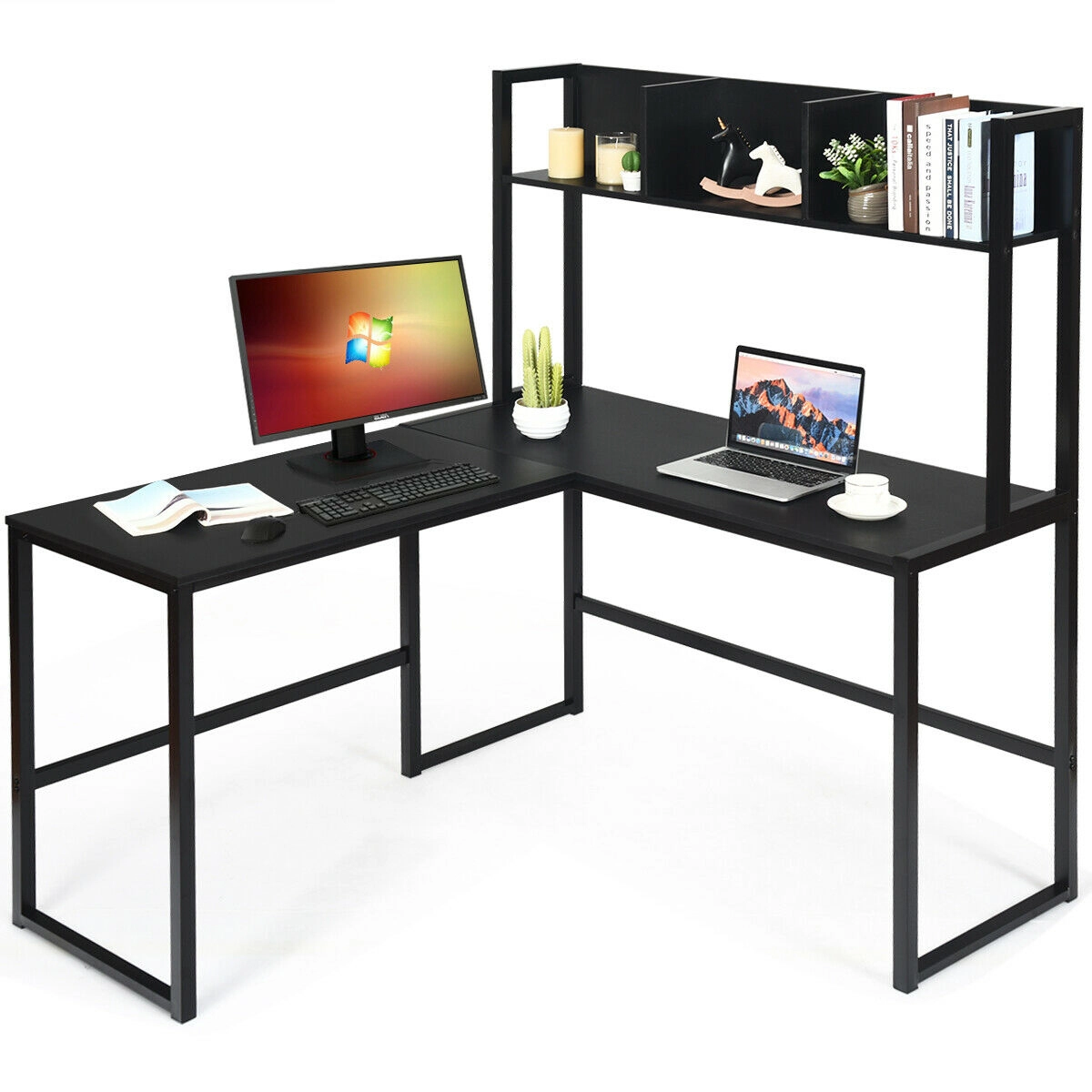 SUGIFT Reversible L-Shaped Corner Desk with Storage Bookshelf and Hutch 220-Lb Capacity Brown/Black/Walnut/Dark Brown