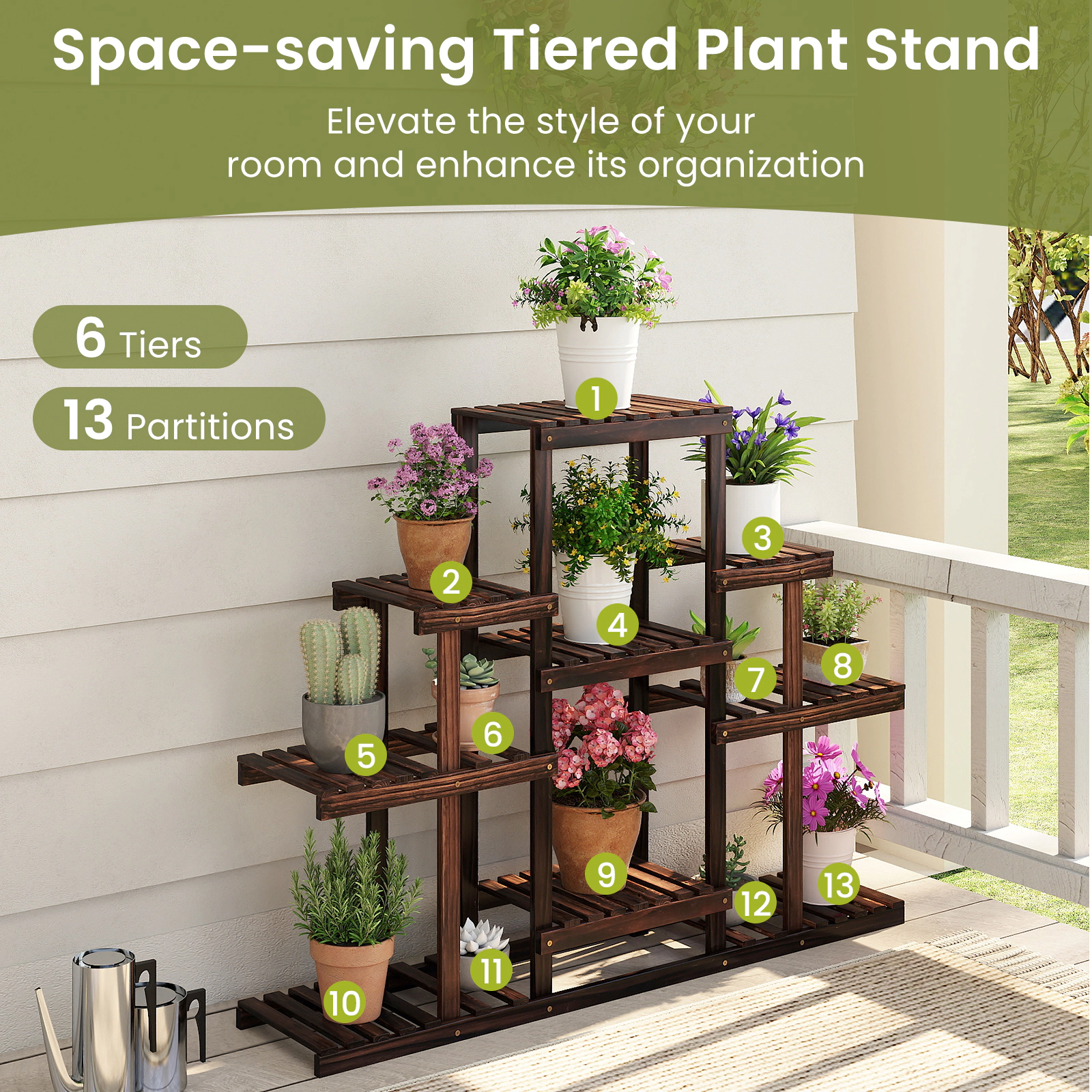 Slickblue 6-Tier Wooden Plant Stand with 9 Shelves for Indoor Outdoor Use