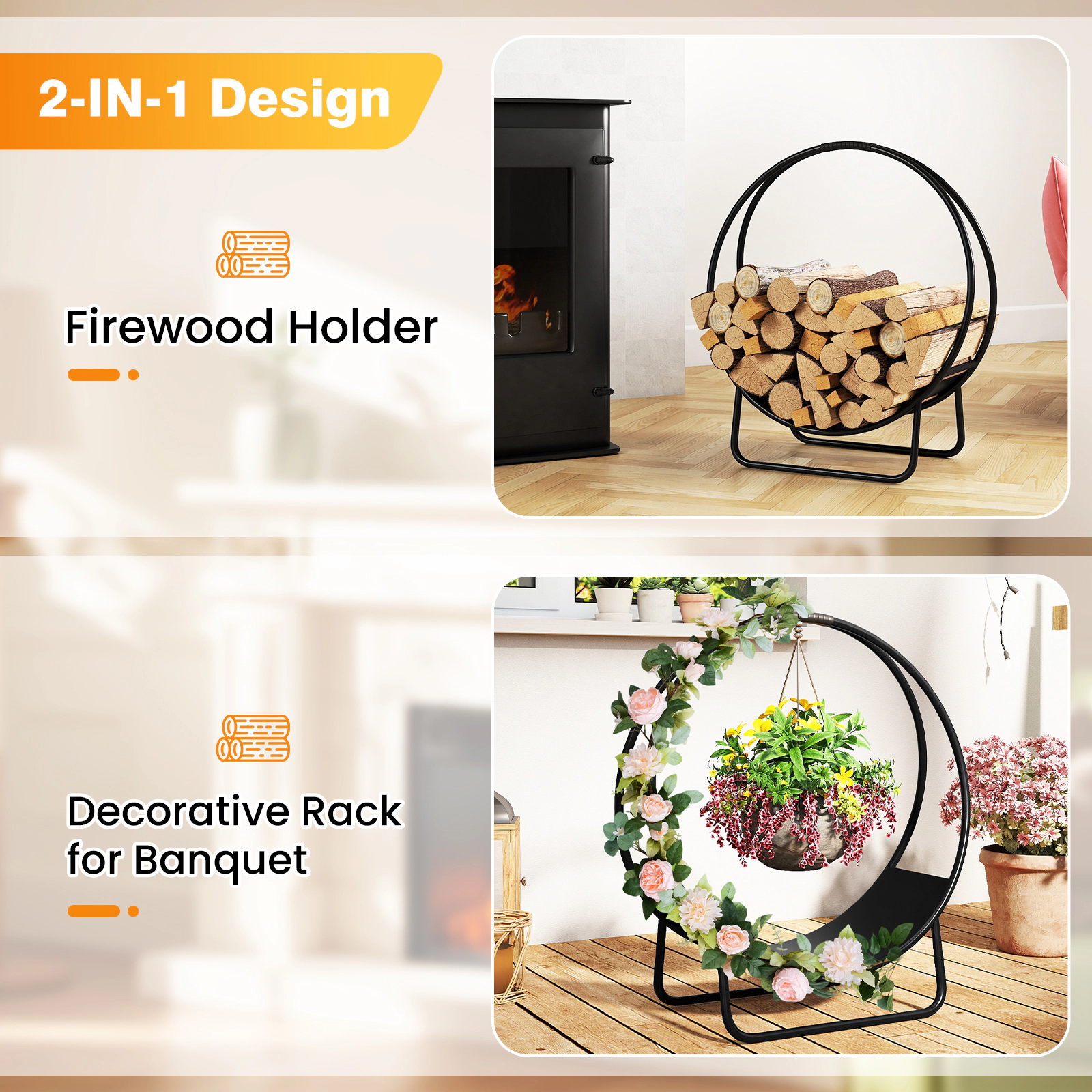 Hivvago Firewood Log Hoop 20 Inch Round Heavy-Duty Metal Curved Log Rack With Stand