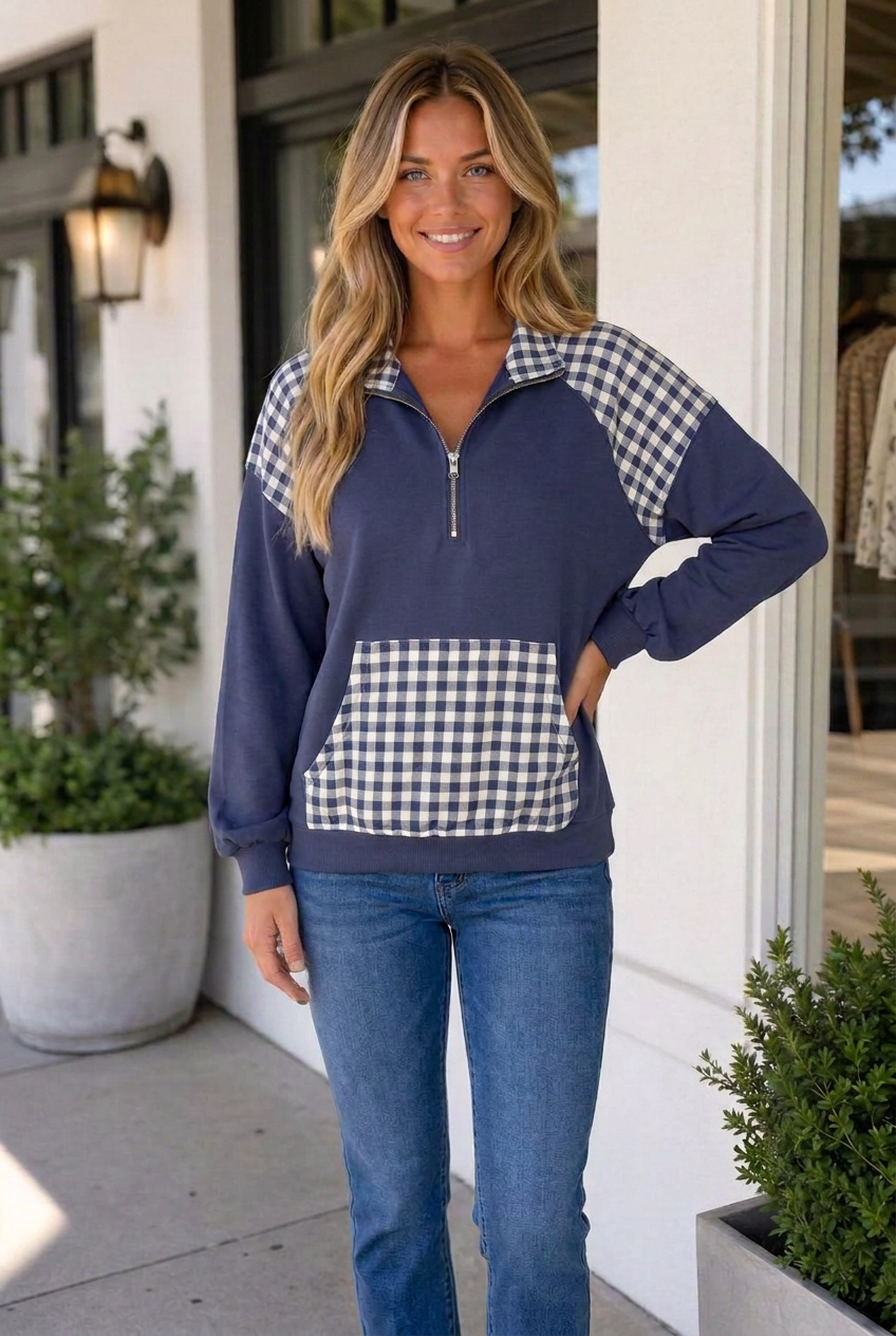 Threaded Pear Women's Franceskah Plaid Quarter Zip Sweatshirt