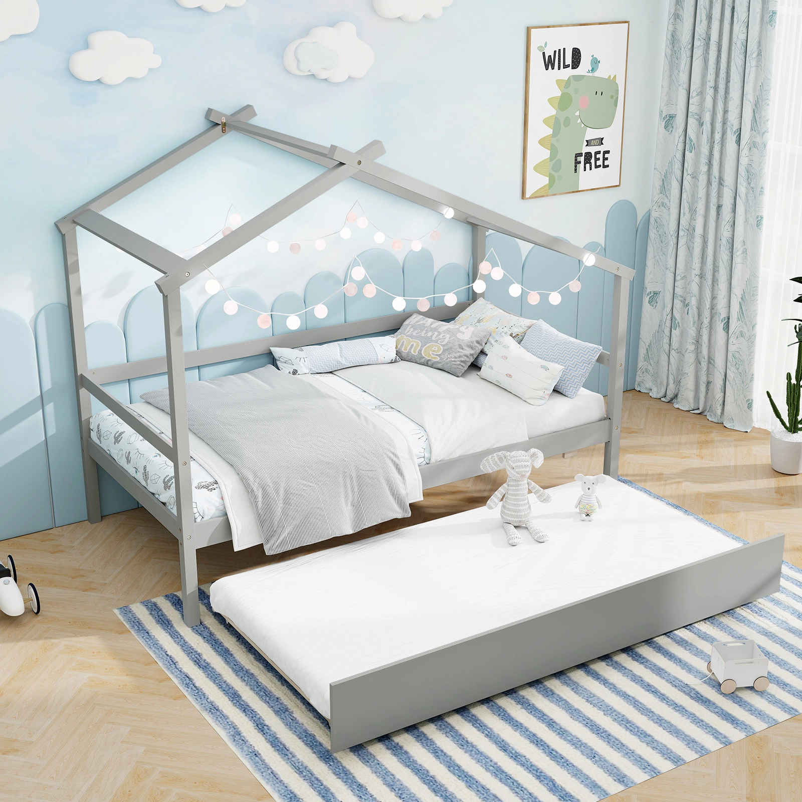 SUGIFT Kids Twin Size House Bed with Trundle and Roof 200-lb Capacity Gray