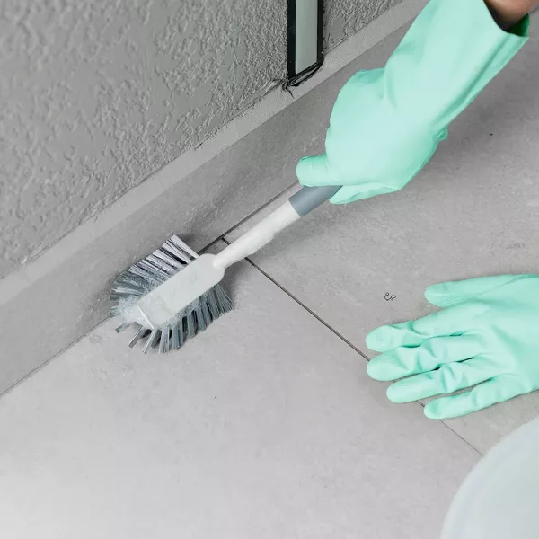 OU Multipurpose Scrub Brush, Heavy Duty Cleaning Brush for Bathroom & Kitchen Nonslip Soft Grip Handle Built-In Scraper
