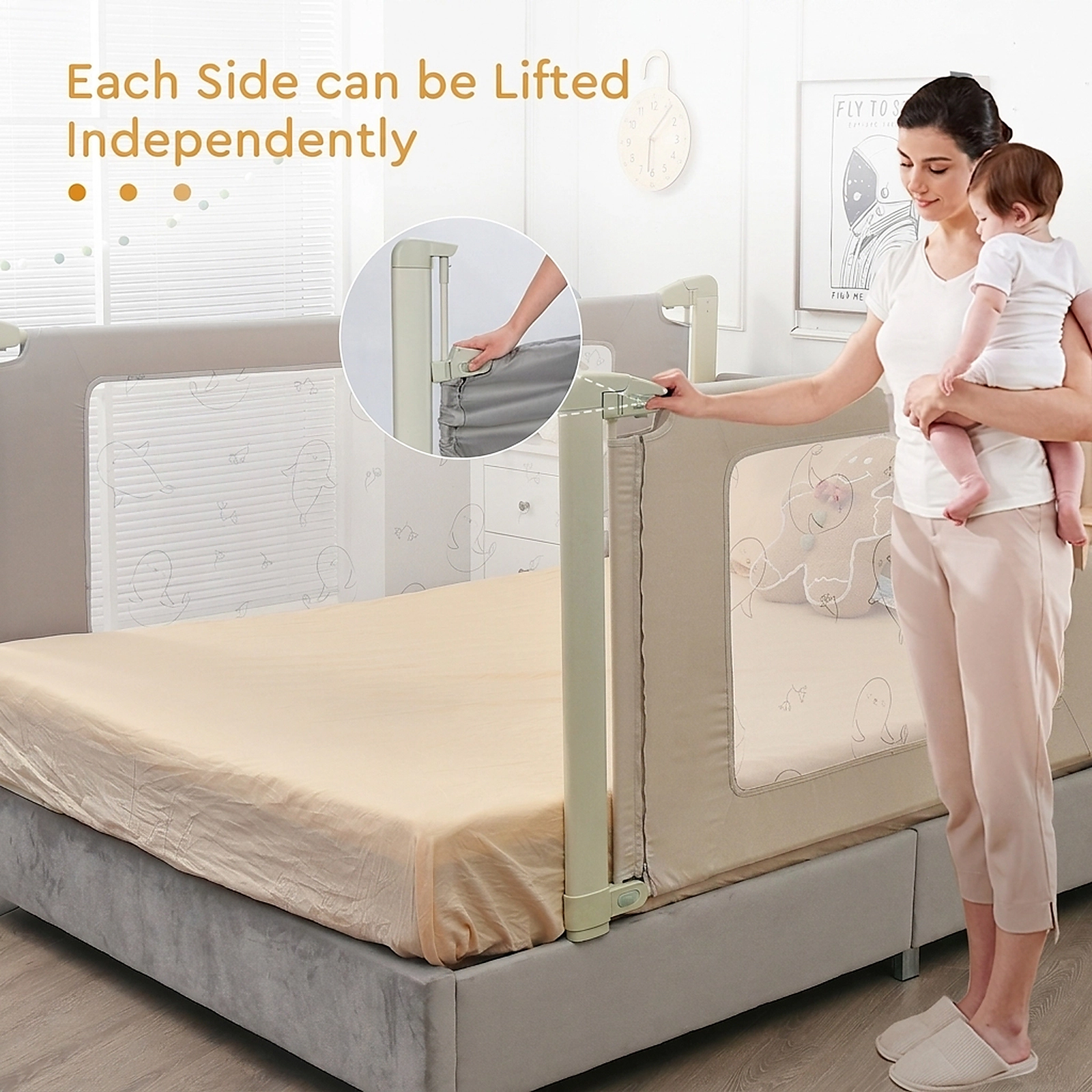 SUGIFT Extra-Long Seamless Bed Rail Guard for Toddlers with Adjustable 31-37-in Height and Double Safety Lock 59-in Gray