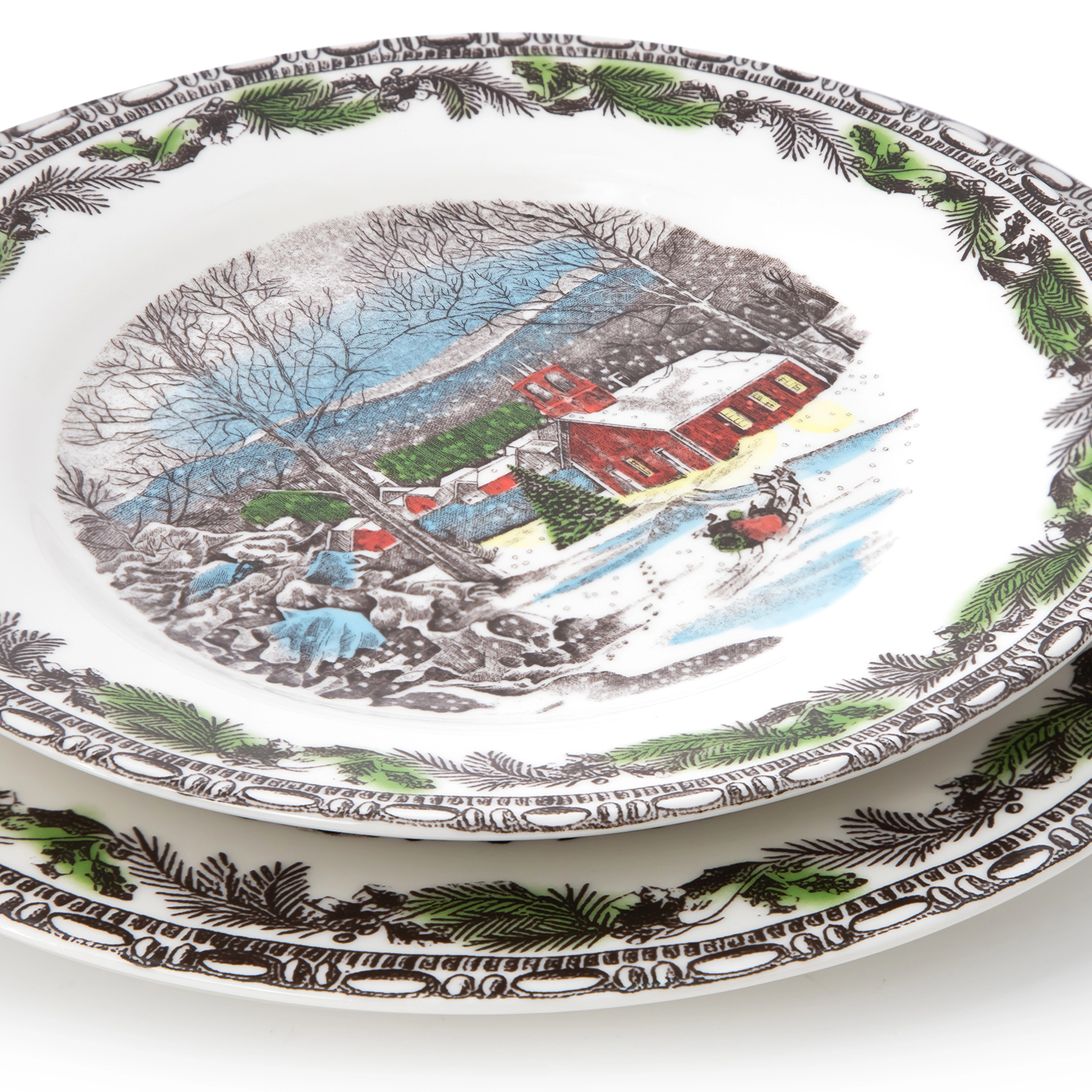 Elama Holly 16 Piece Porcelain Holiday Dinnerware Set
