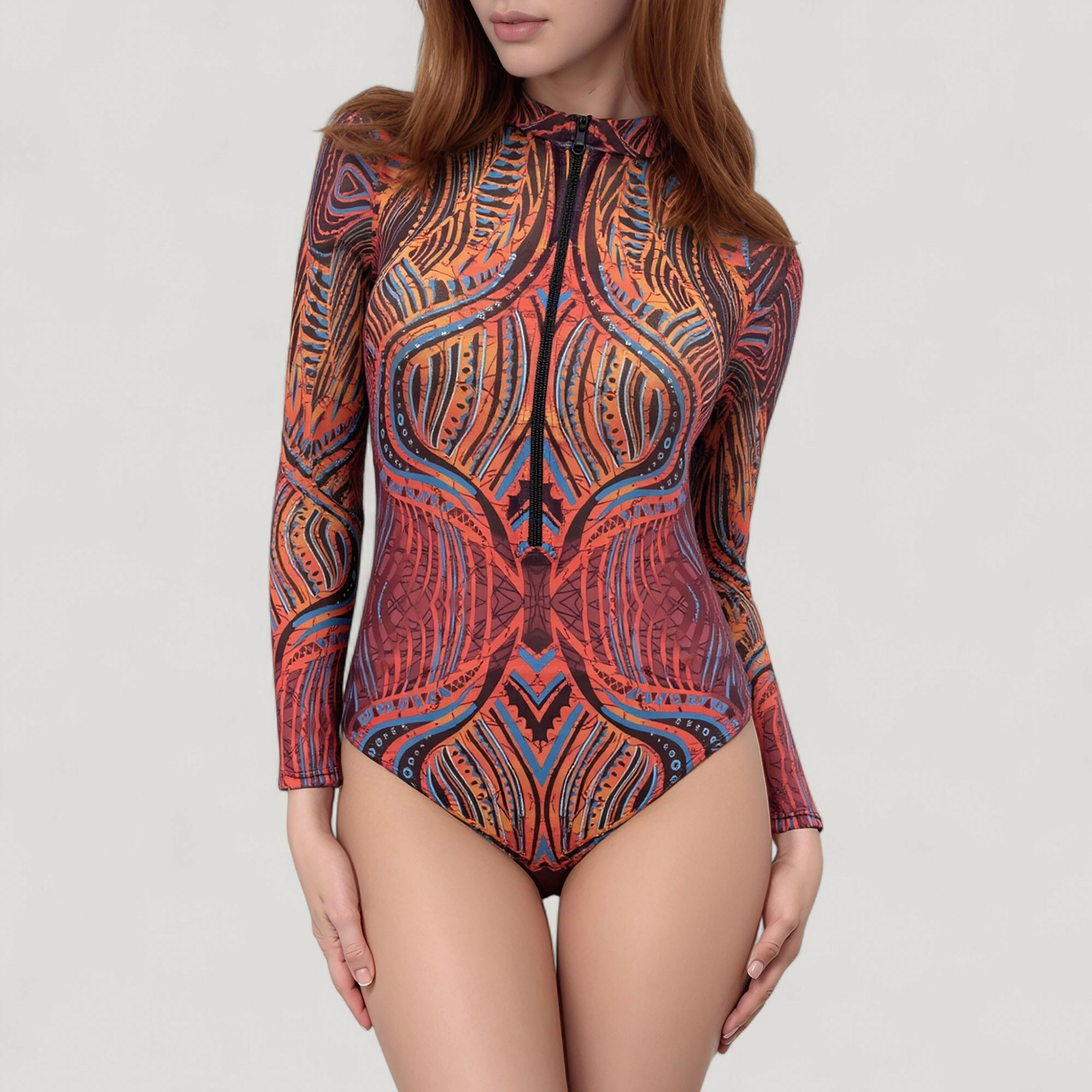 Anna-Kaci Women Long Sleeve One-Piece Swimsuit - Front Zipper, Burgundy Abstract