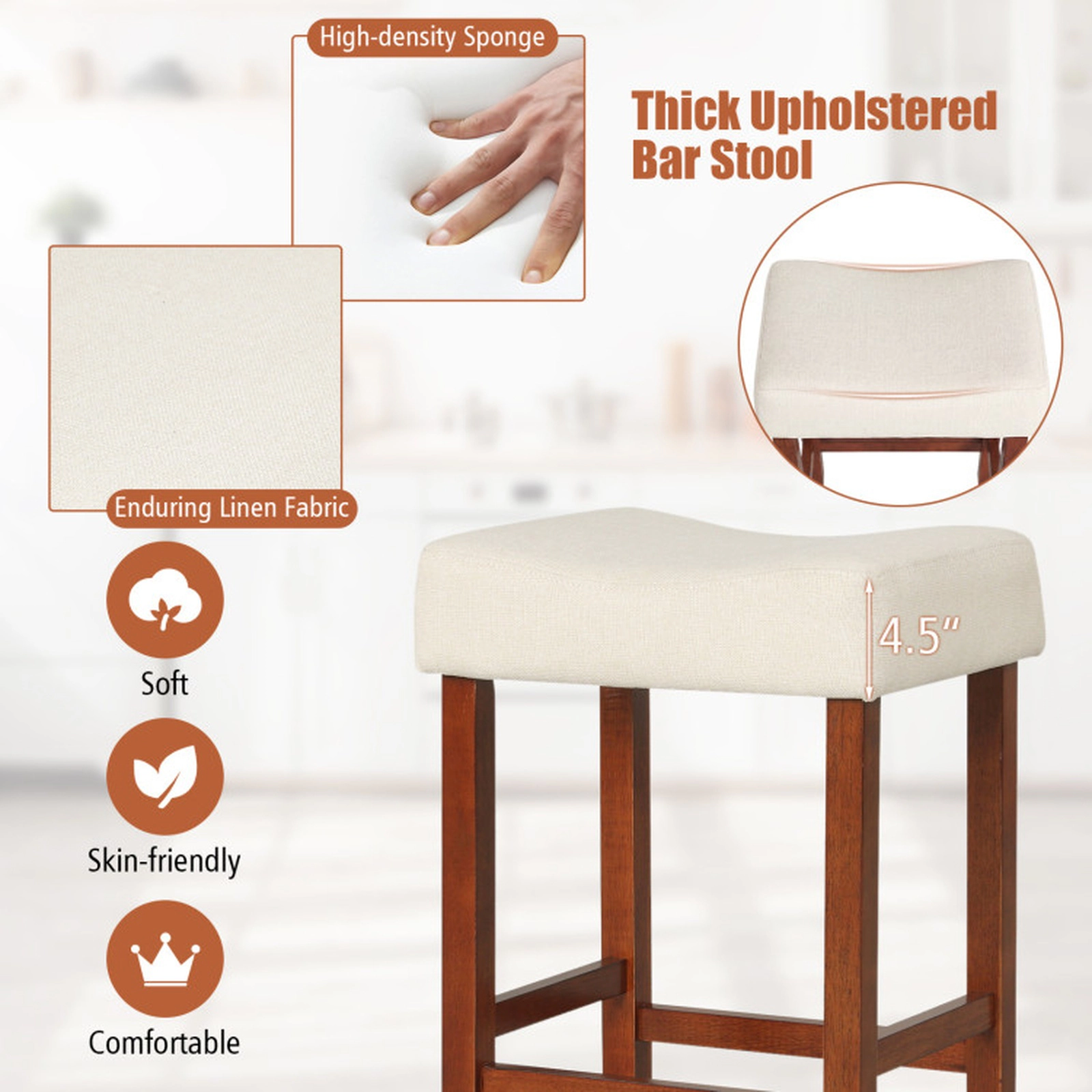 SUGIFT Curved Seat 24-in Bar Stools with Cushions 330-lb Capacity Ideal for 35-39-in Counters Set of 2 Beige Gray Brown