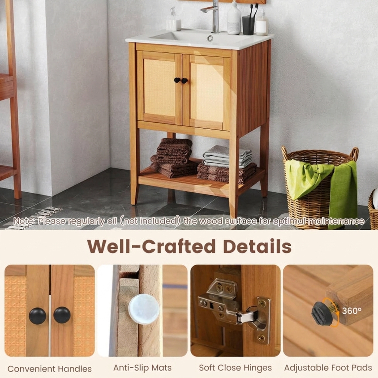 SUGIFT 2-Door Rattan Ceramic Sink Slatted Shelf Acacia Wood Bathroom Vanity 24-in x 18-in x 34-in 70-lb Capacity Natural