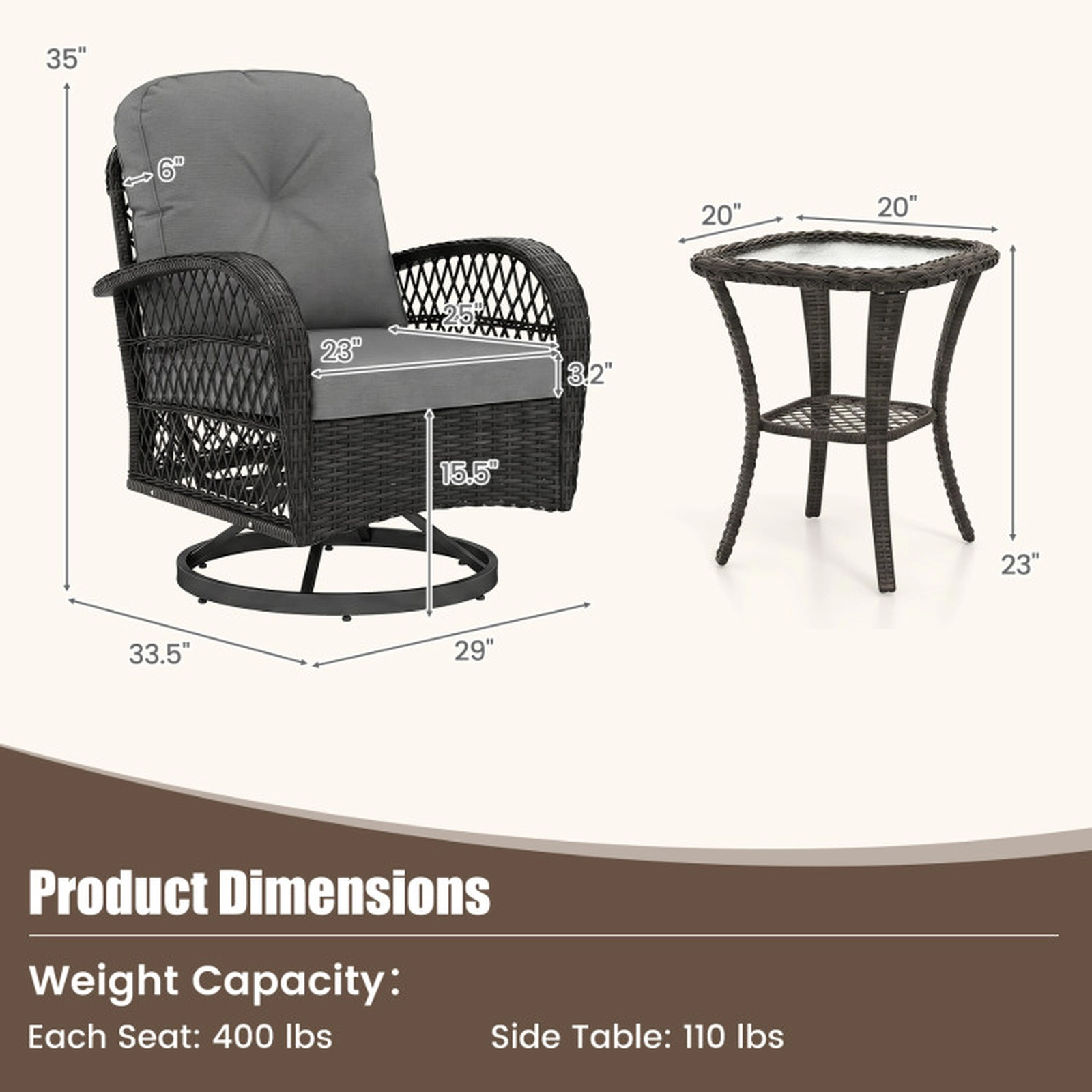 SUGIFT Patio Swivel Rocker Chair Set with Tempered Glass Side Table 400-lb Seat and 110-lb Table Capacity Dark Gray