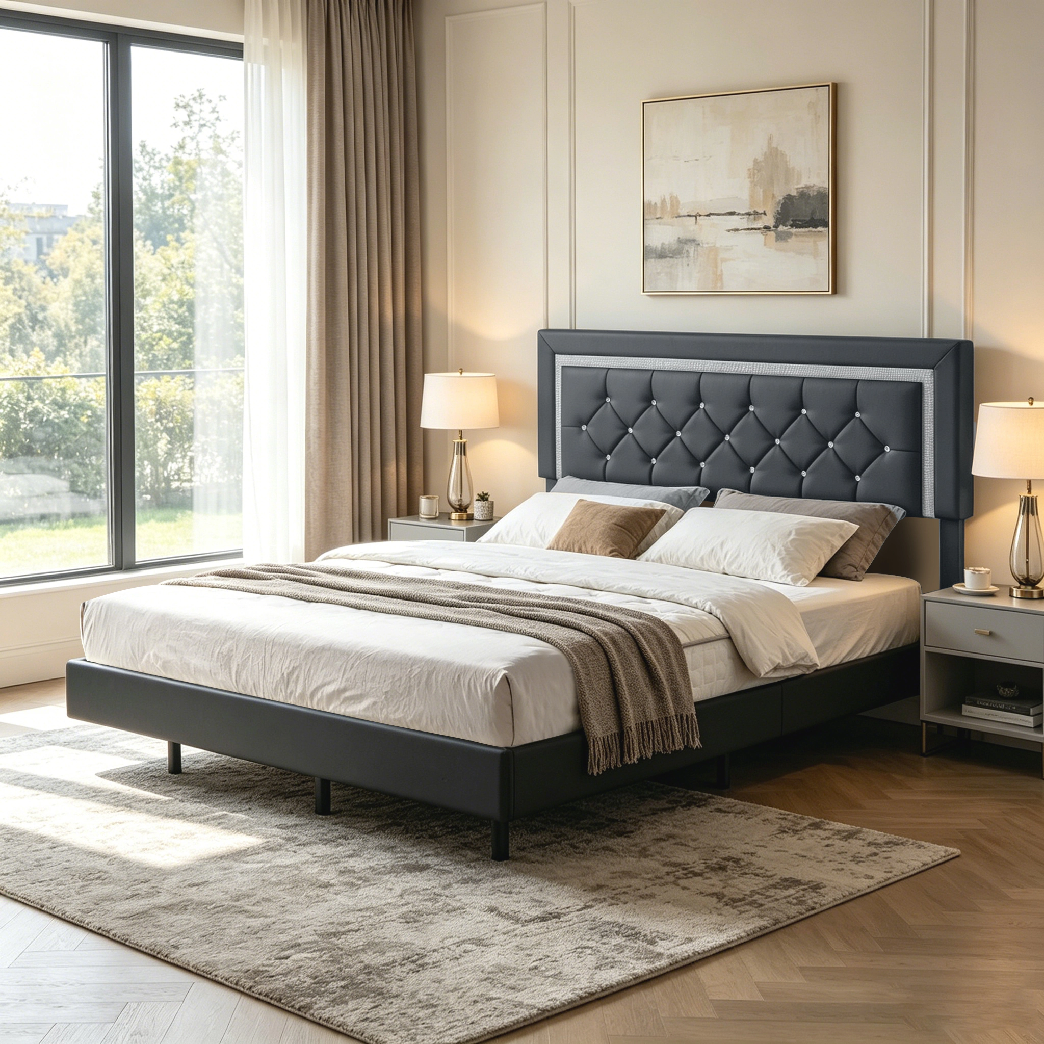 Flynama Queen Platform Bed with Adjustable LED Headboard (43-45"), RGB Lights, Black