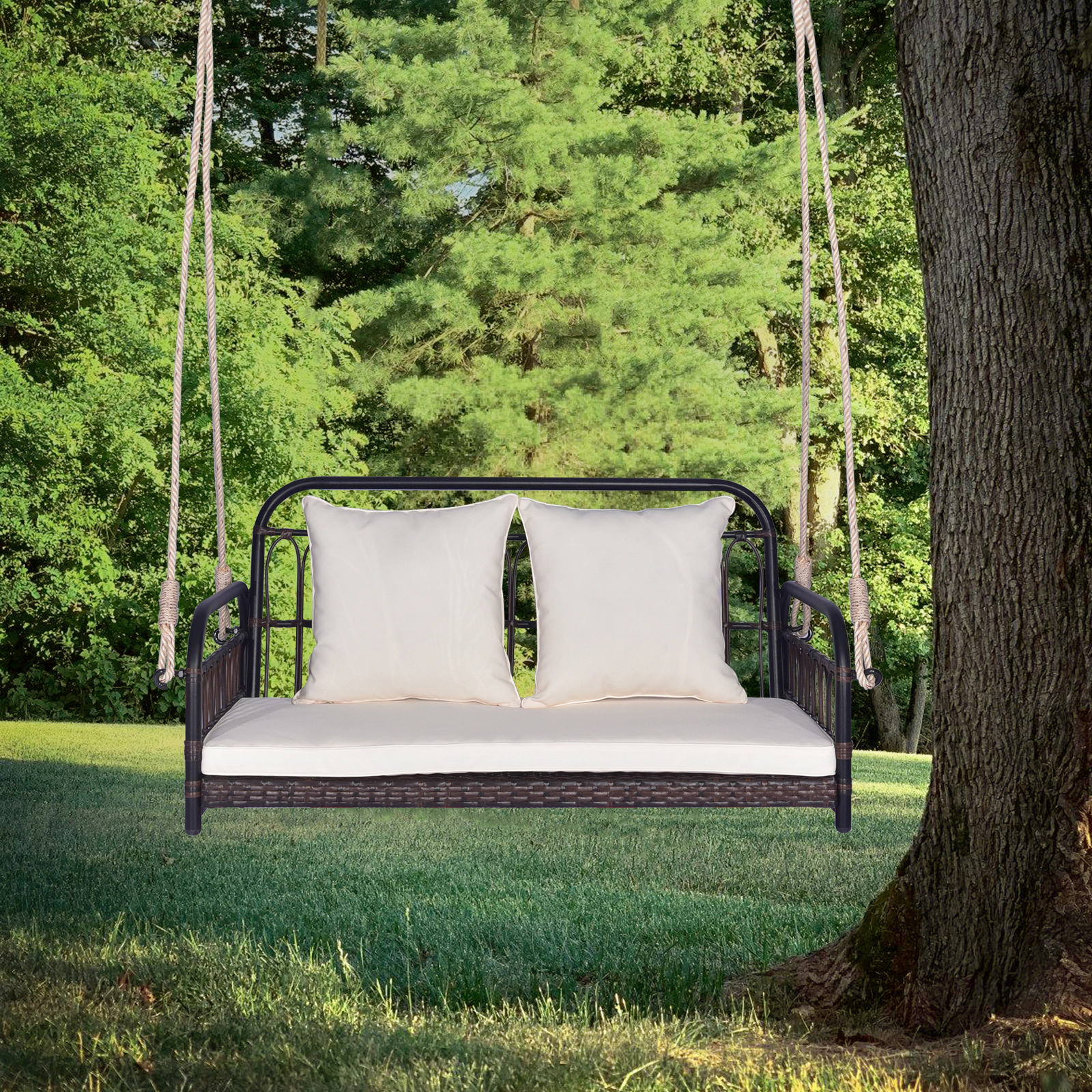 LJG 880LBS Wicker Hanging Porch Swing with Cushions