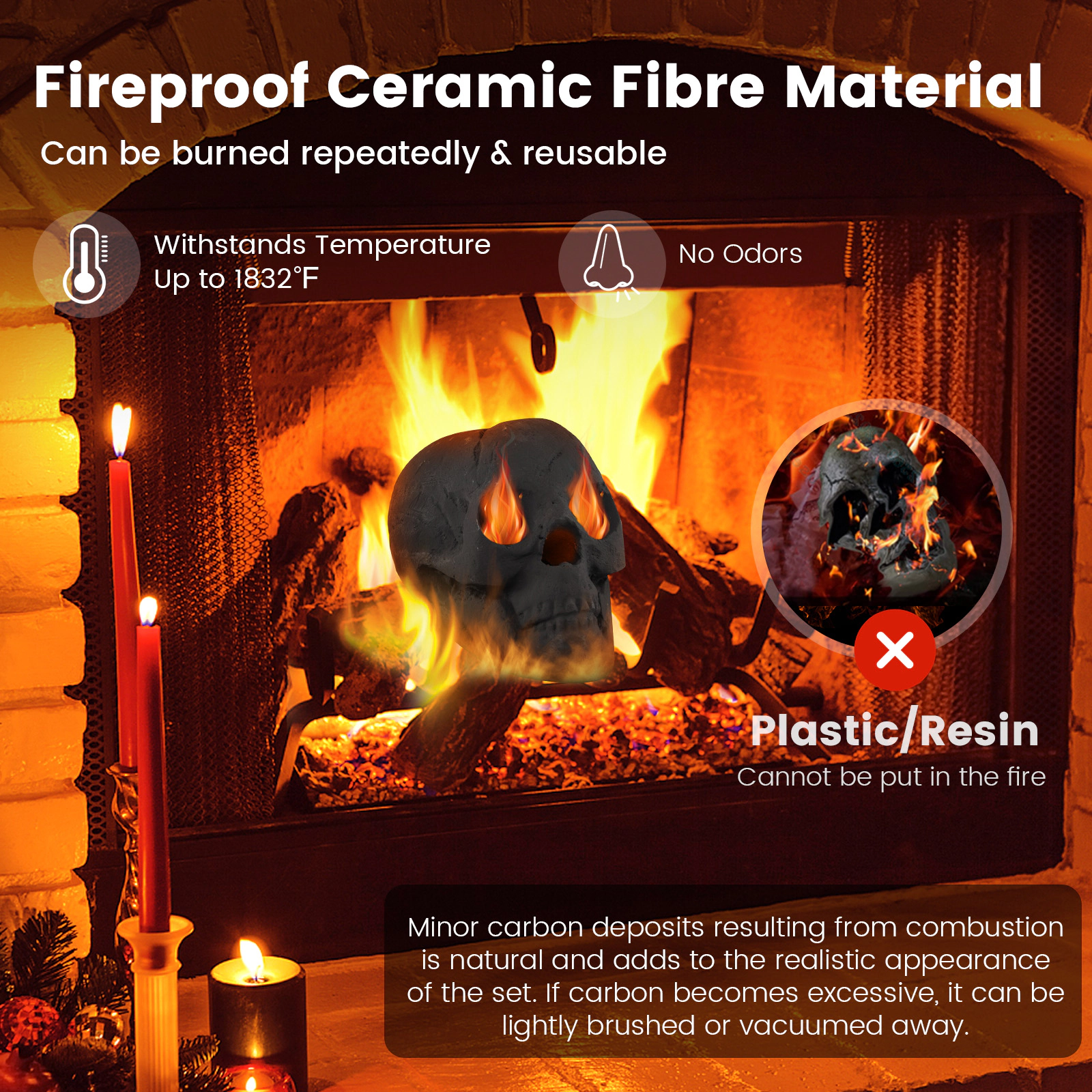 SUGIFT Charred Look Ceramic Fiber Open Eye Socket Halloween Fire Pit Skull 8.5-in x 6-in x 6-in 1.5-lb Black