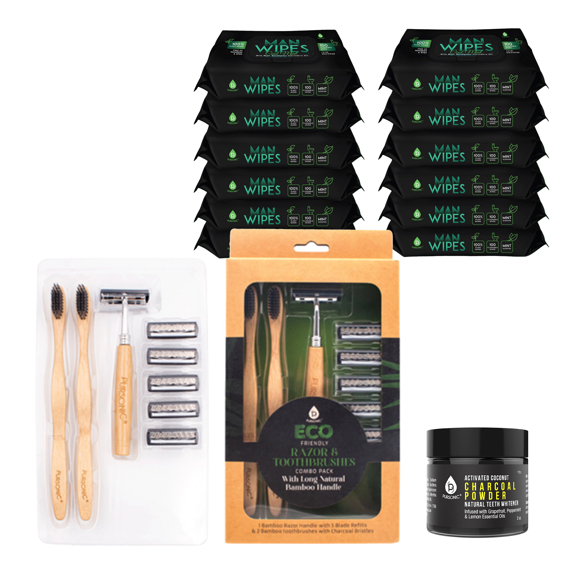 Pursonic Men's Grooming Essentials Bundle Eco-Friendly Razor, Flushable Man Wipes and Activated Coconut Charcoal Powder