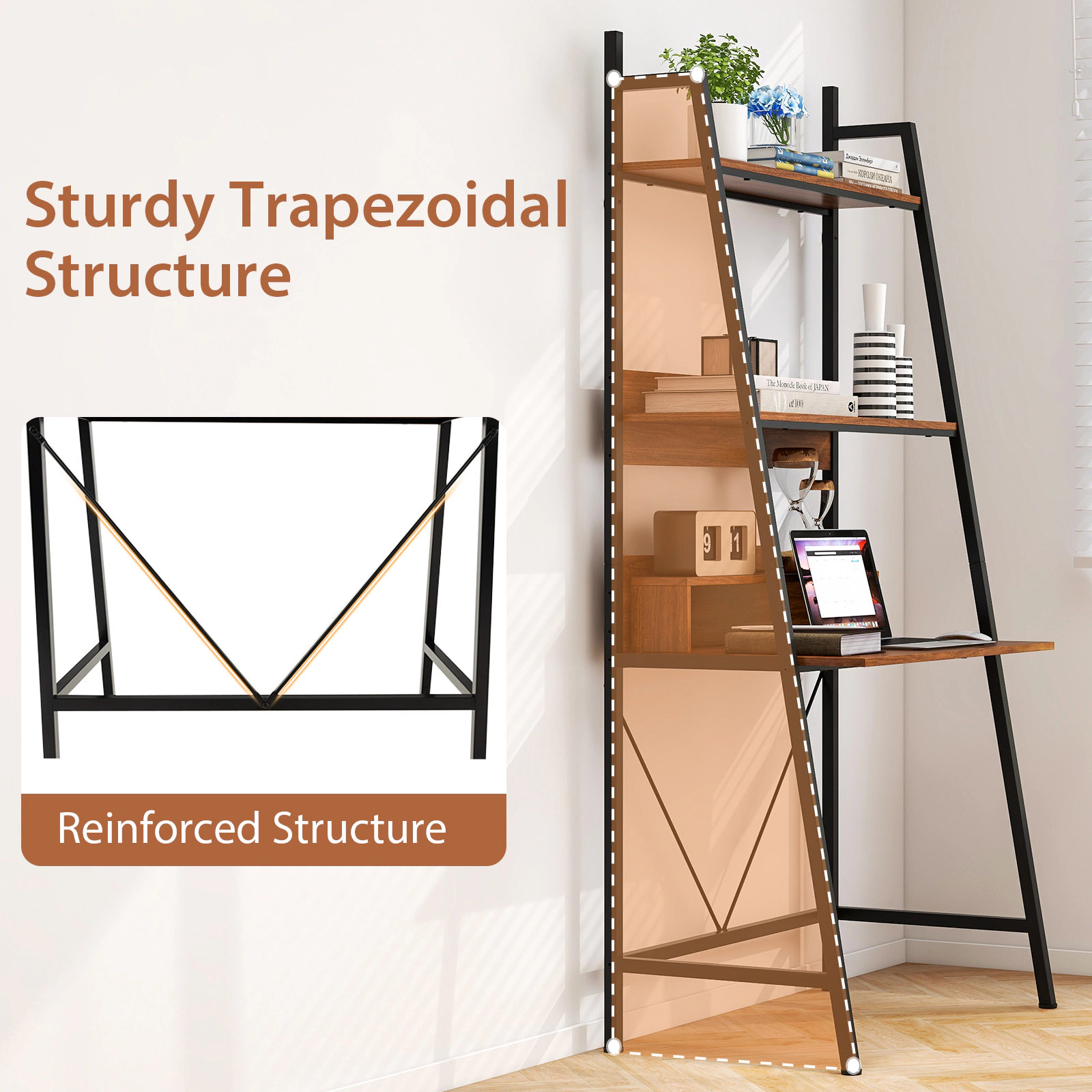 SUGIFT 71-in High Freestanding Laptop Desk with Open Shelves 34 x 20 x 71-in Frame 180-lb Capacity Rustic Brown + Black