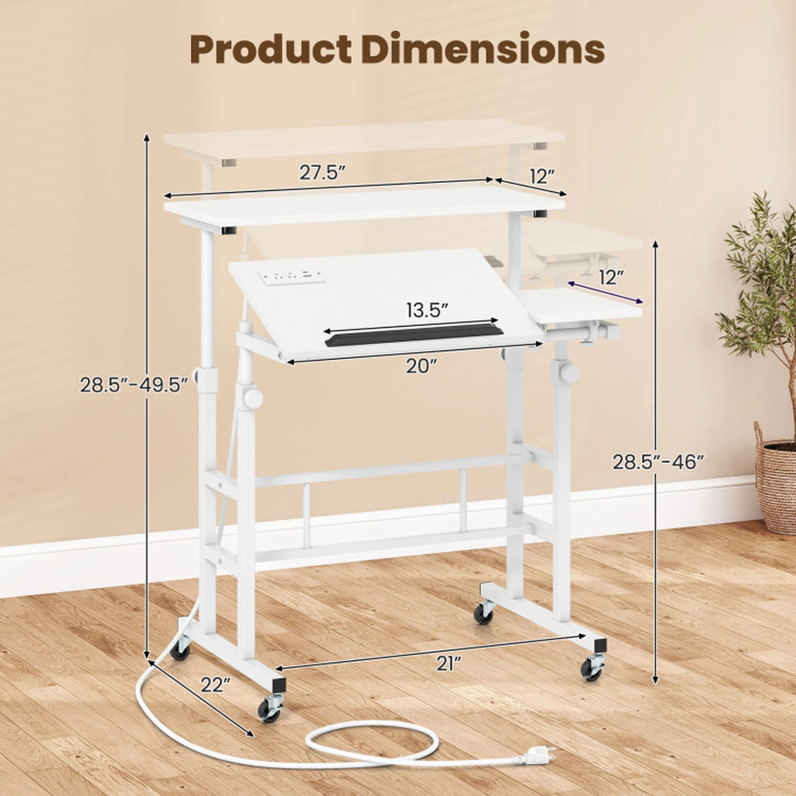 SUGIFT Dual-Tier Mobile Standing Desk with Tilting Desktops, White