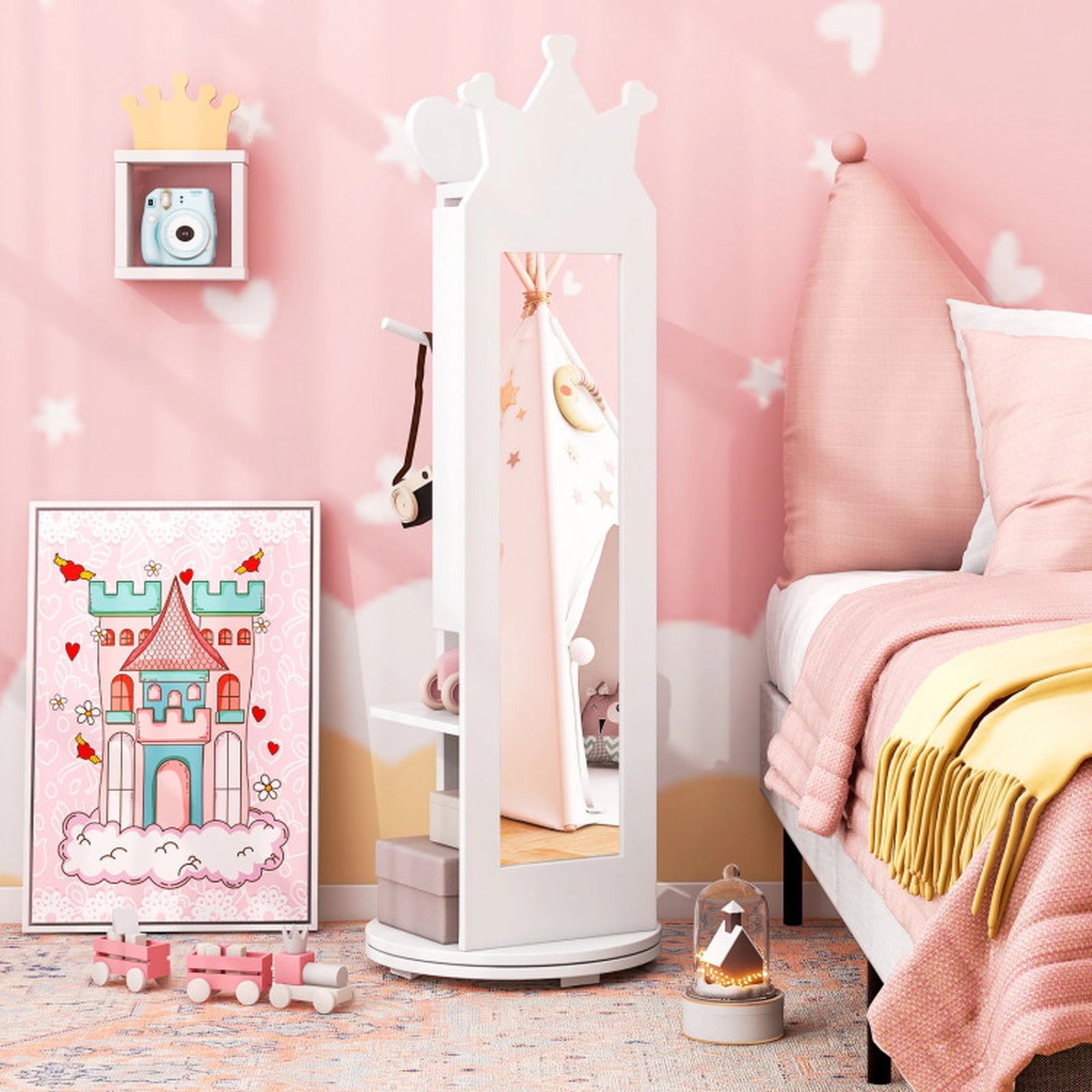 SUGIFT Kids Vanity Table and Stool Set with Full-Length Mirror Jewelry Cabinet and Storage Drawer