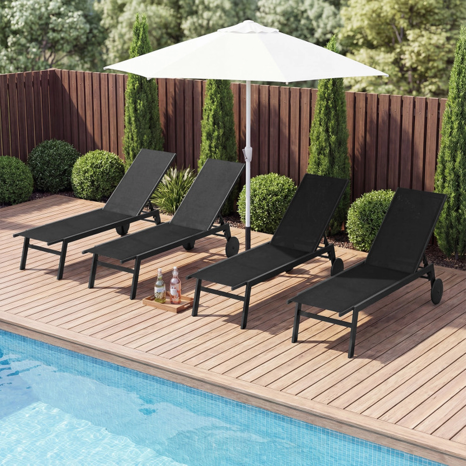 SUGIFT Patio Chaise Lounge Chair with Wheels and 6-Level Adjustable Backrest 330-lb Capacity Set of 2 Black