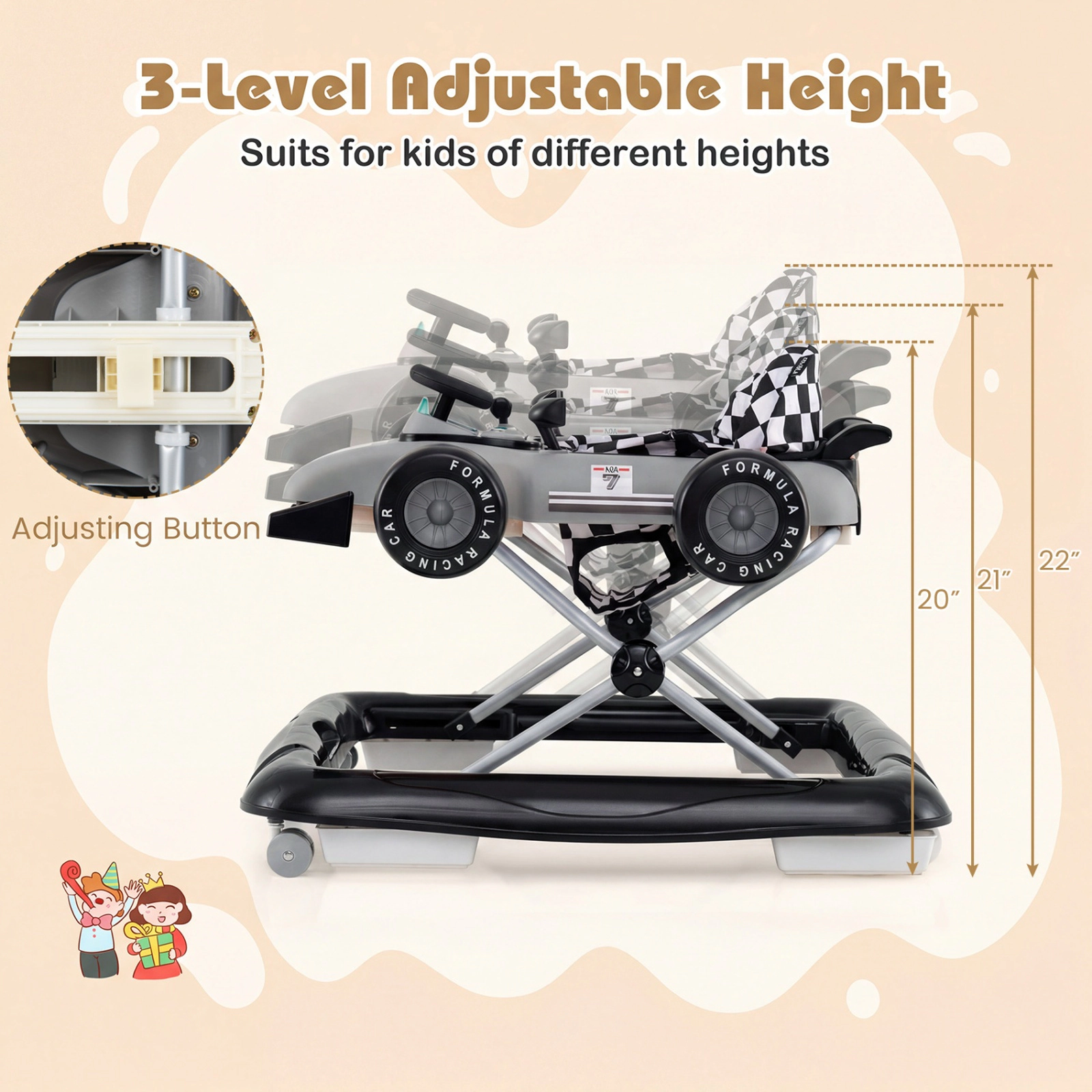 SUGIFT Gray Adjustable Height and Music Box 4-in-1 Baby Push Walker Activity Center