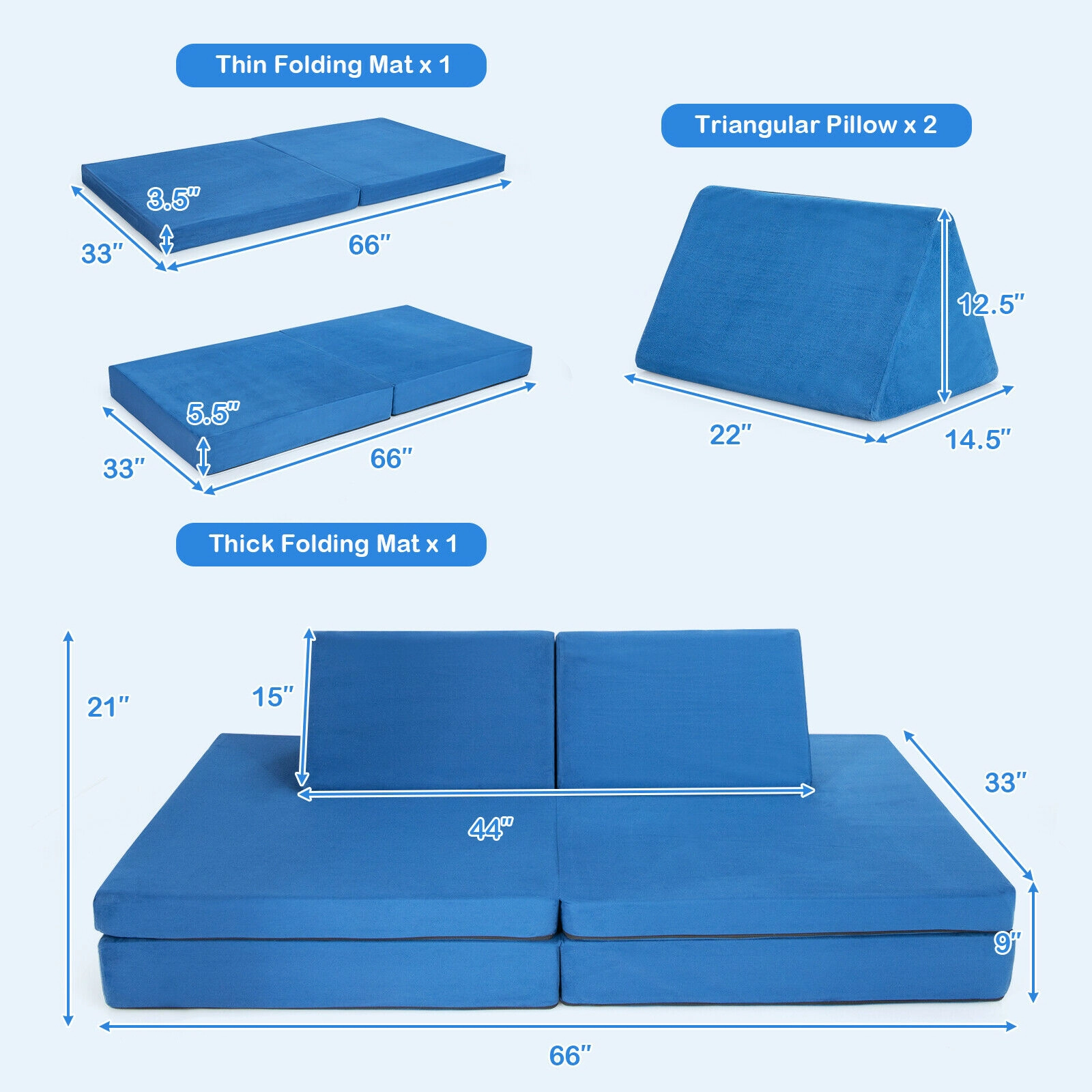 SUGIFT 4-Piece Convertible Kids Couch Set with 2 Folding Mats 220-Lb Capacity Blue/Yellow