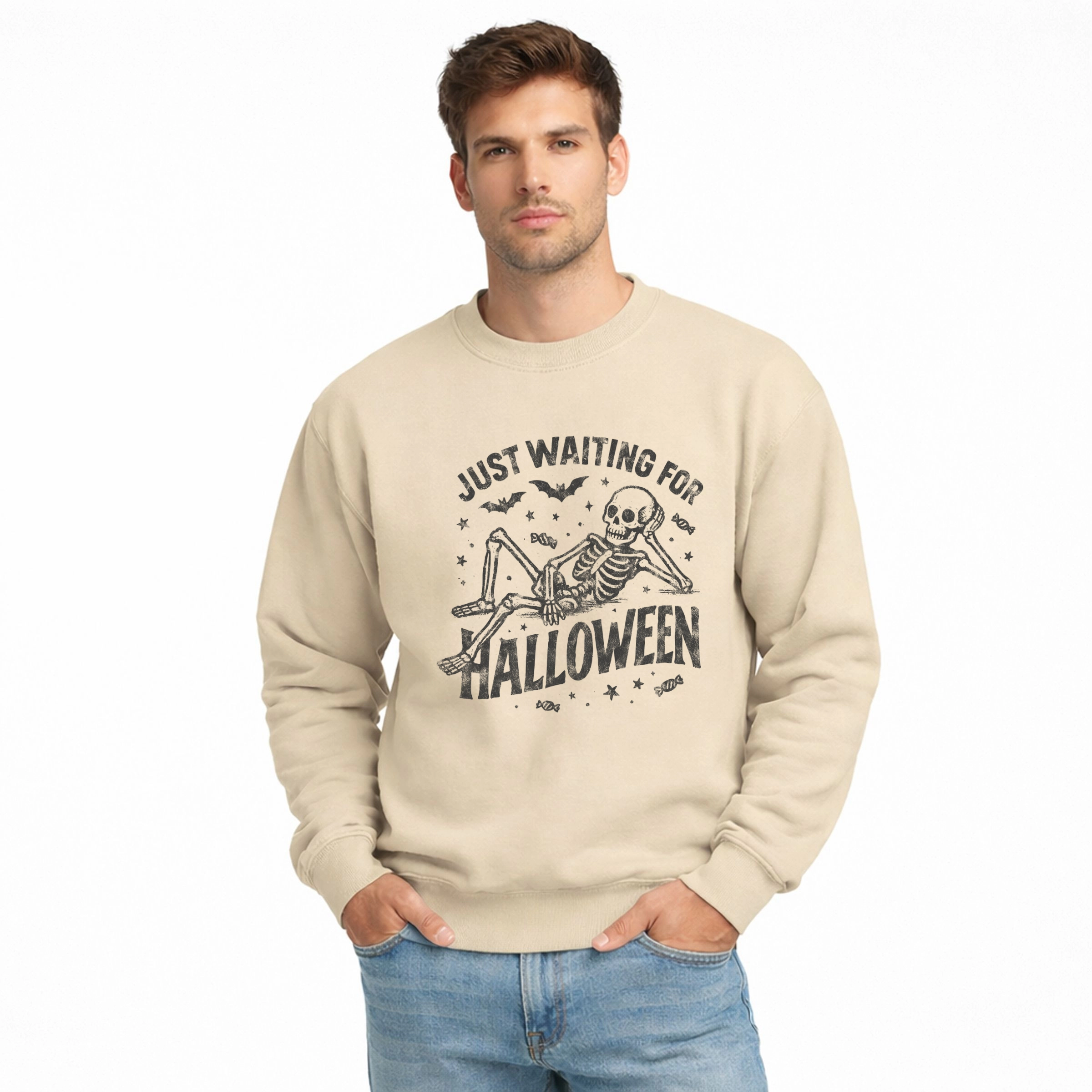 Simply Sage Market - Men's Graphic Sweatshirt Just Waiting For Halloween Skeleton