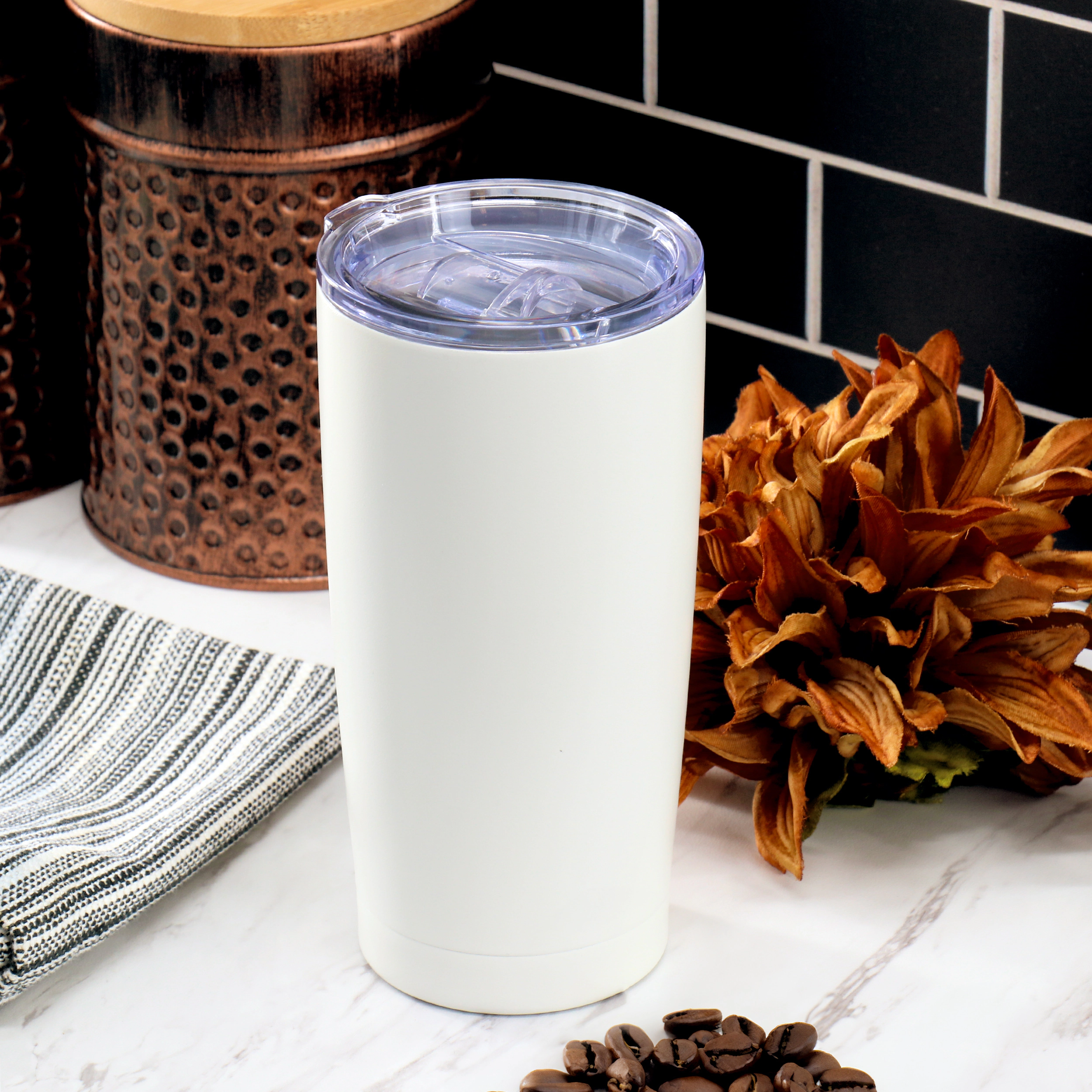 Gibson Home Marina 18oz Stainless Steel Thermal Tumbler with Acrylic Lid in Cream