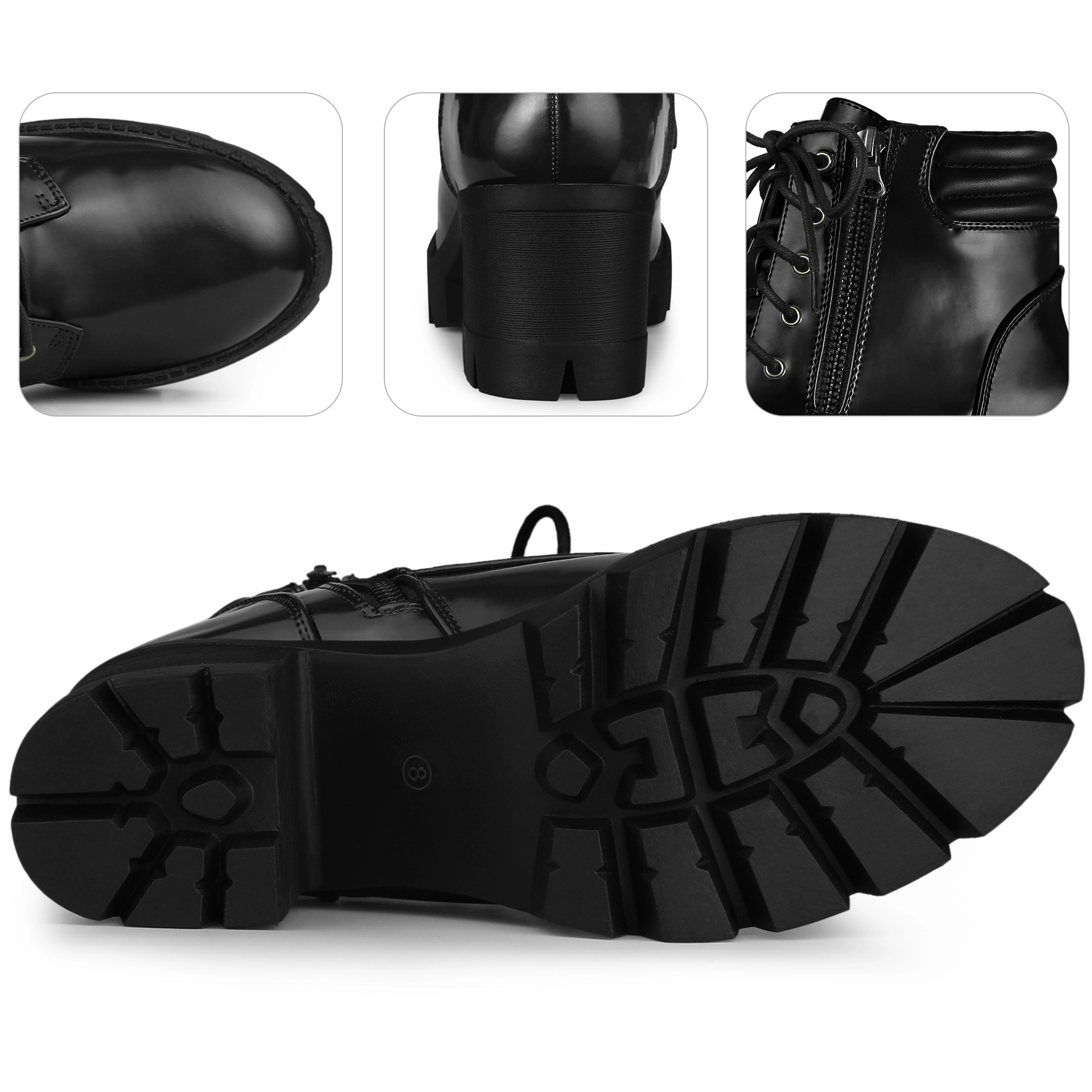 BLISSFUL STEP Women Faux Leather Platform Lace Up Chunky Heel Combat Ankle Boots