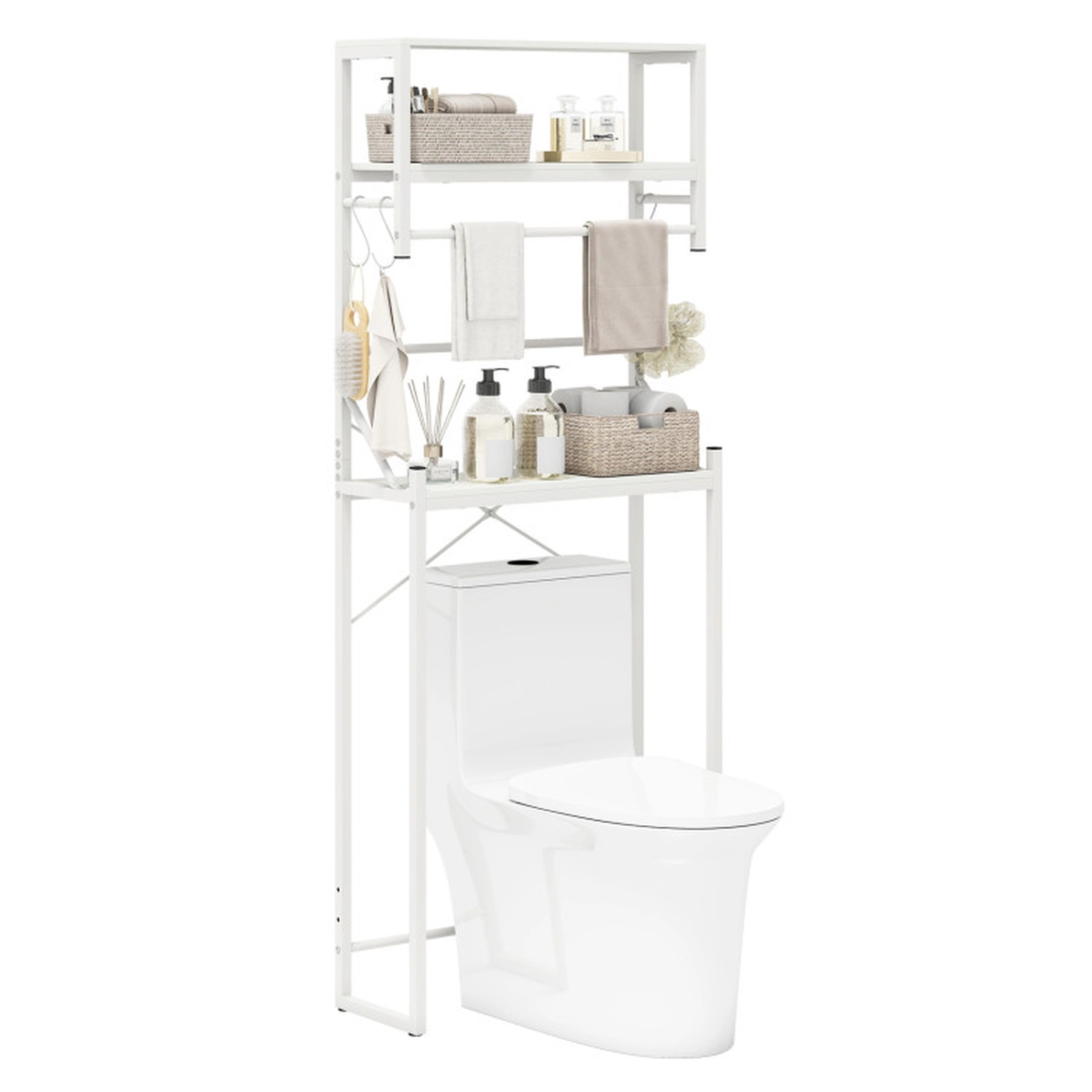 SUGIFT 3 Tier Over the Toilet Storage Rack White with Towel Holder and Adjustable Bar