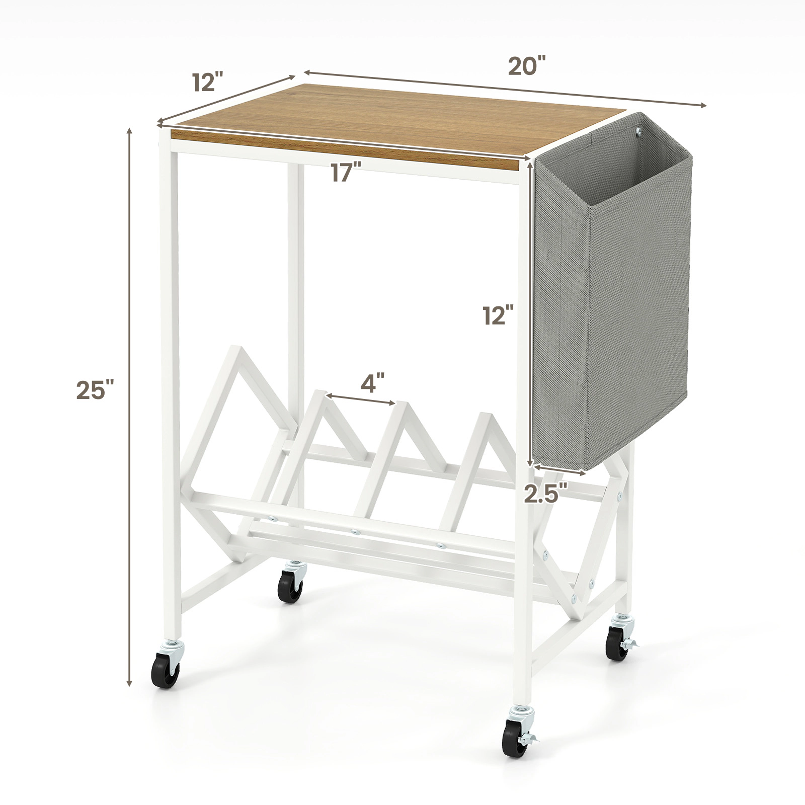 SUGIFT Rolling 2-Tier Record Player Stand with Vinyl Storage and Magazine Holder 55-lb Tabletop Capacity Natural & White