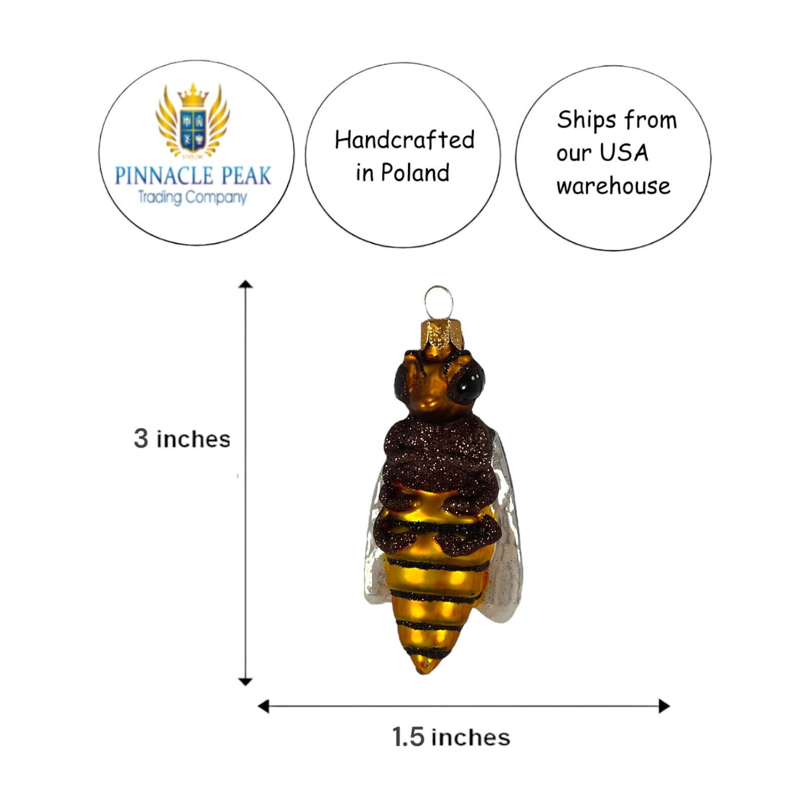 Pinnacle Peak Trading Company Yellow Honey Bee Polish Blown Glass Hanging Christmas Tree Ornament 3 inch