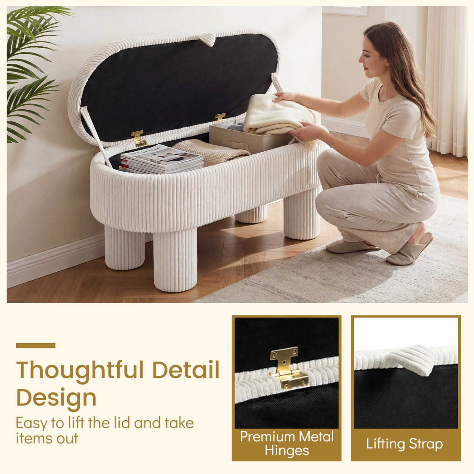 SUGIFT 42-in Corduroy Upholstered Storage Ottoman Bench Hidden Compartment 400-lb Seat Capacity 110-lb Compartment