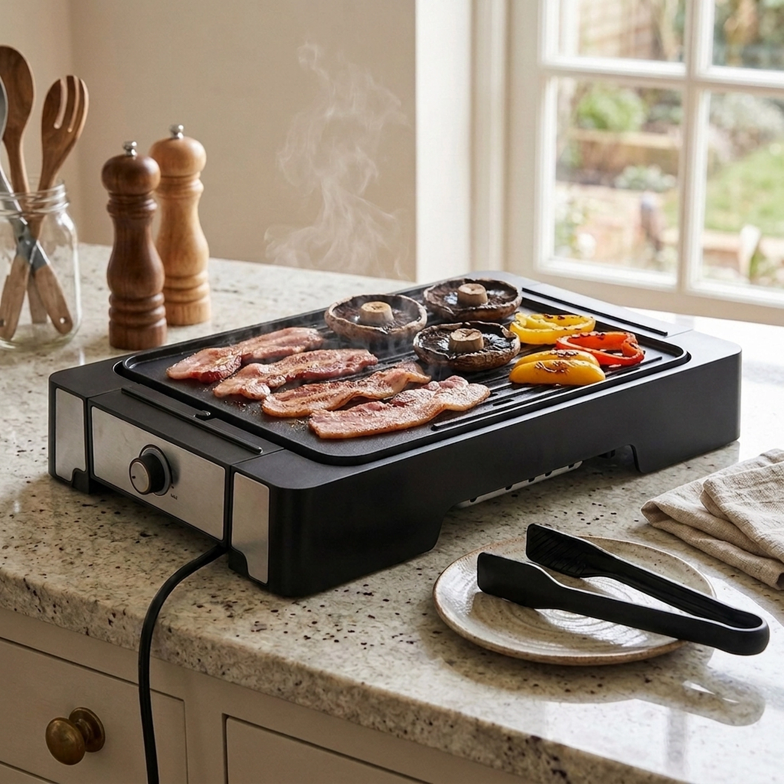 SUGIFT Black 2300W Indoor Electric Grill and Griddle with Nonstick Die Cast Aluminum Ribbed Flat Surface
