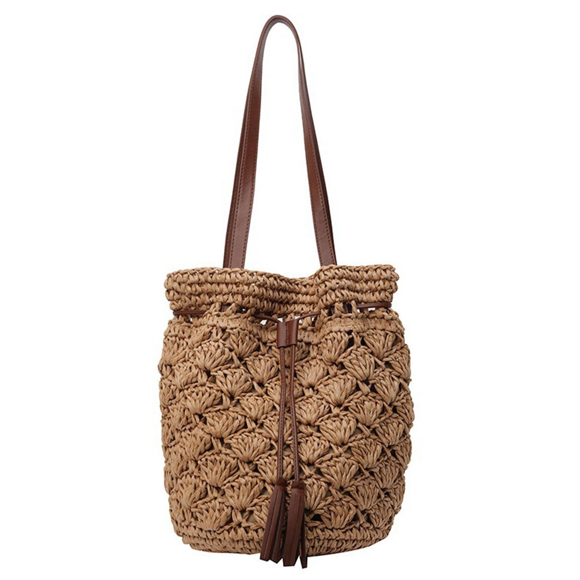 Alilang Women's Woven Bucket Shoulder Bag with Drawstring Closure Faux Leather Strap Tassel Detail Lightweight Handbag