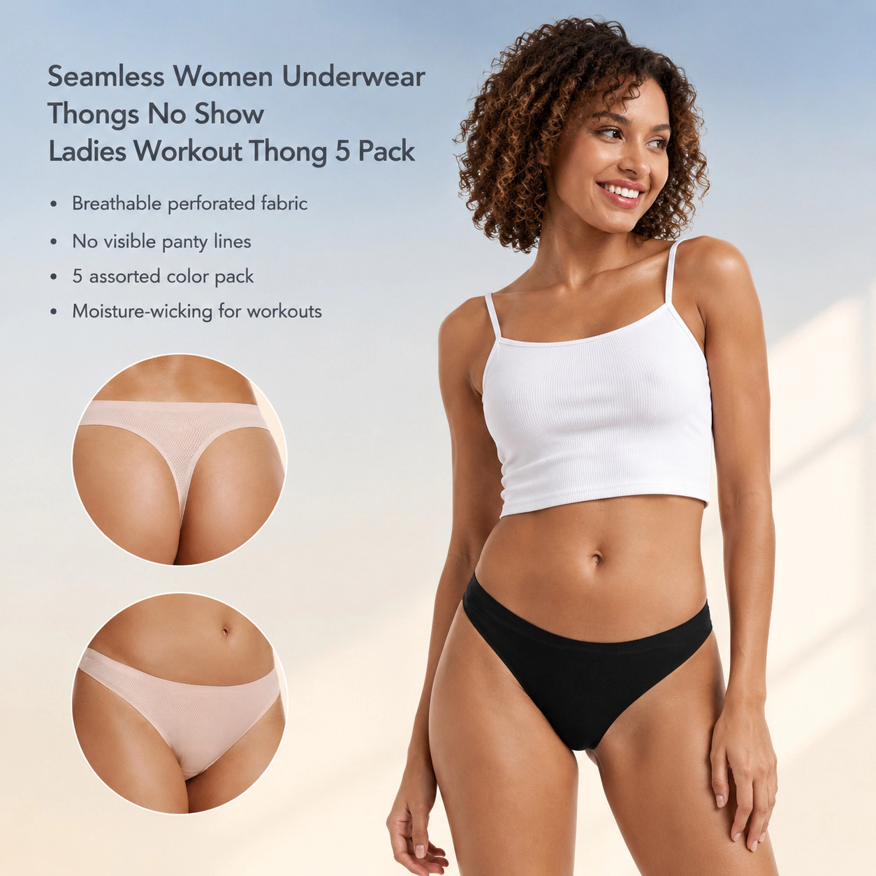 WZK Womens 5-Pack Seamless No Show Workout Soft Breathable Comfort Thong Underwear