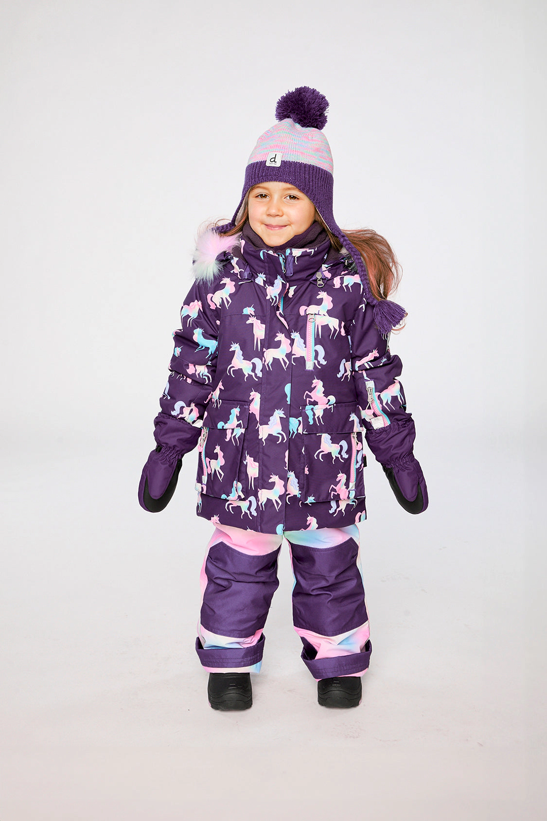 Deux par Girls Unicorn Print Two Piece Play Snowsuit with Hooded Jacket and Snow Pants