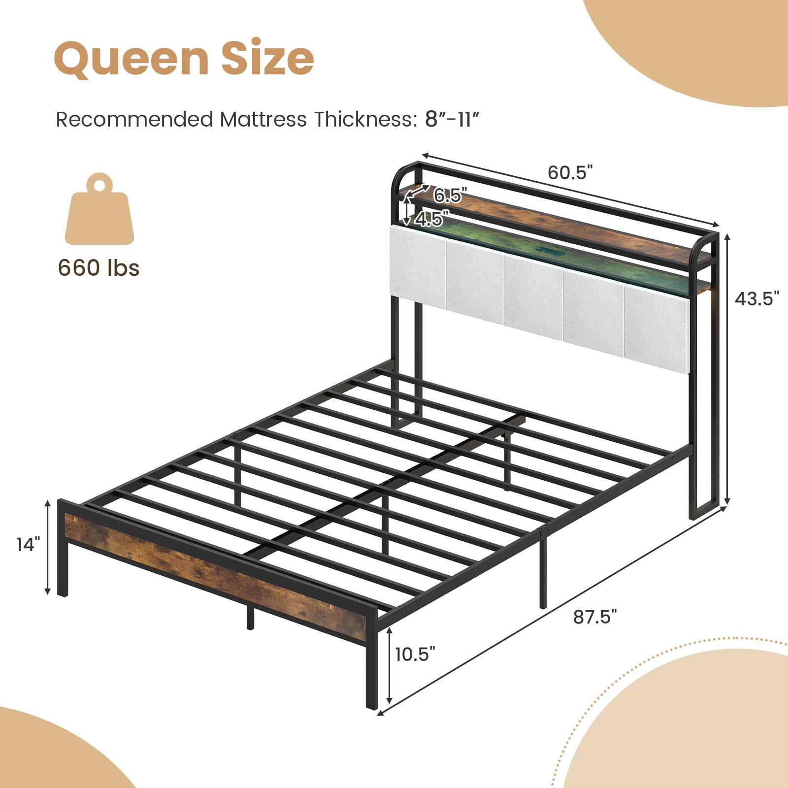 LJG Twin/Full/Queen/King Size Bed Frame with LED Light and Charging Station