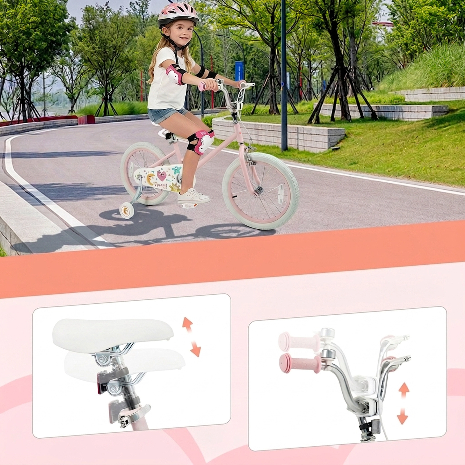 18-in Girls Bike Kickstand 2 Removable Training Wheels Dual Brake 132-lb Seat Capacity Kids Ages 4-8 Pink Stars/Moon