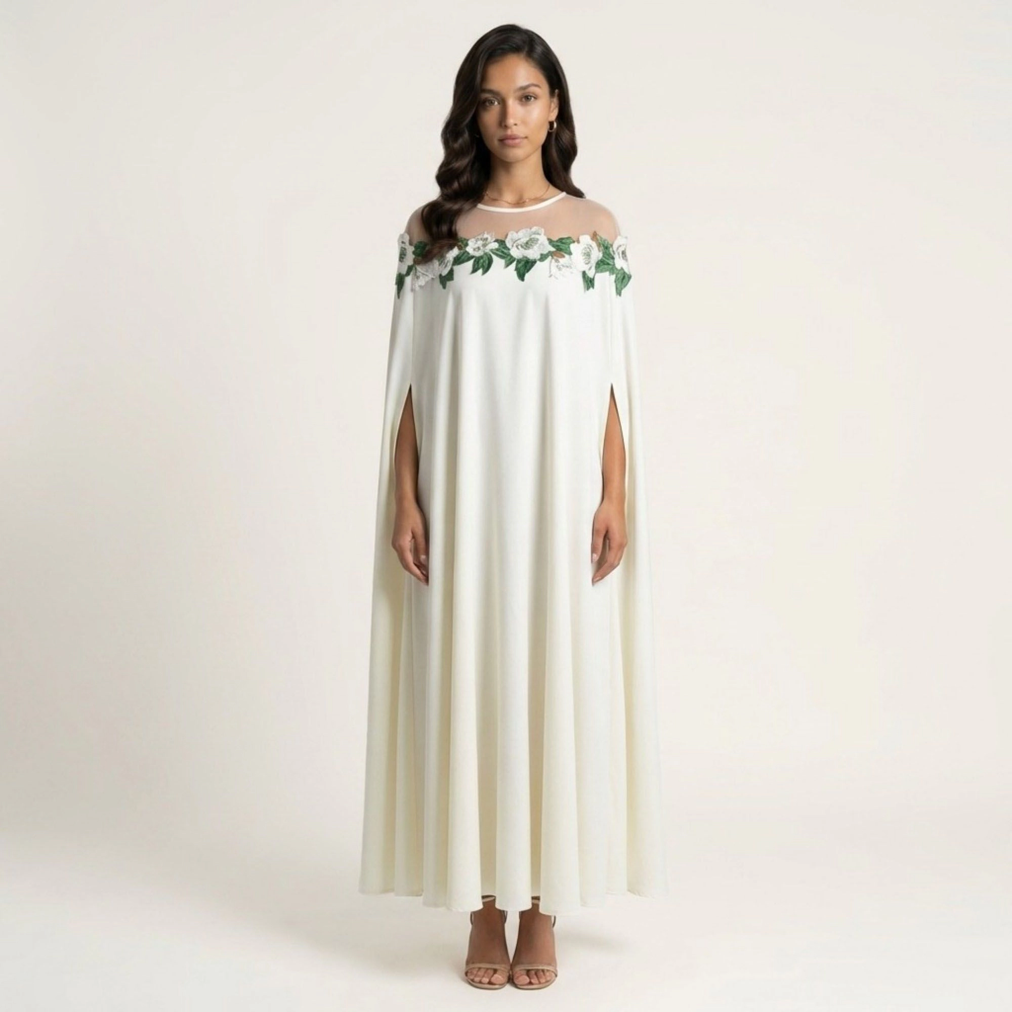 Anna-Kaci Women's Floral Embroidered Cape Sheer Neckline Maxi Dress