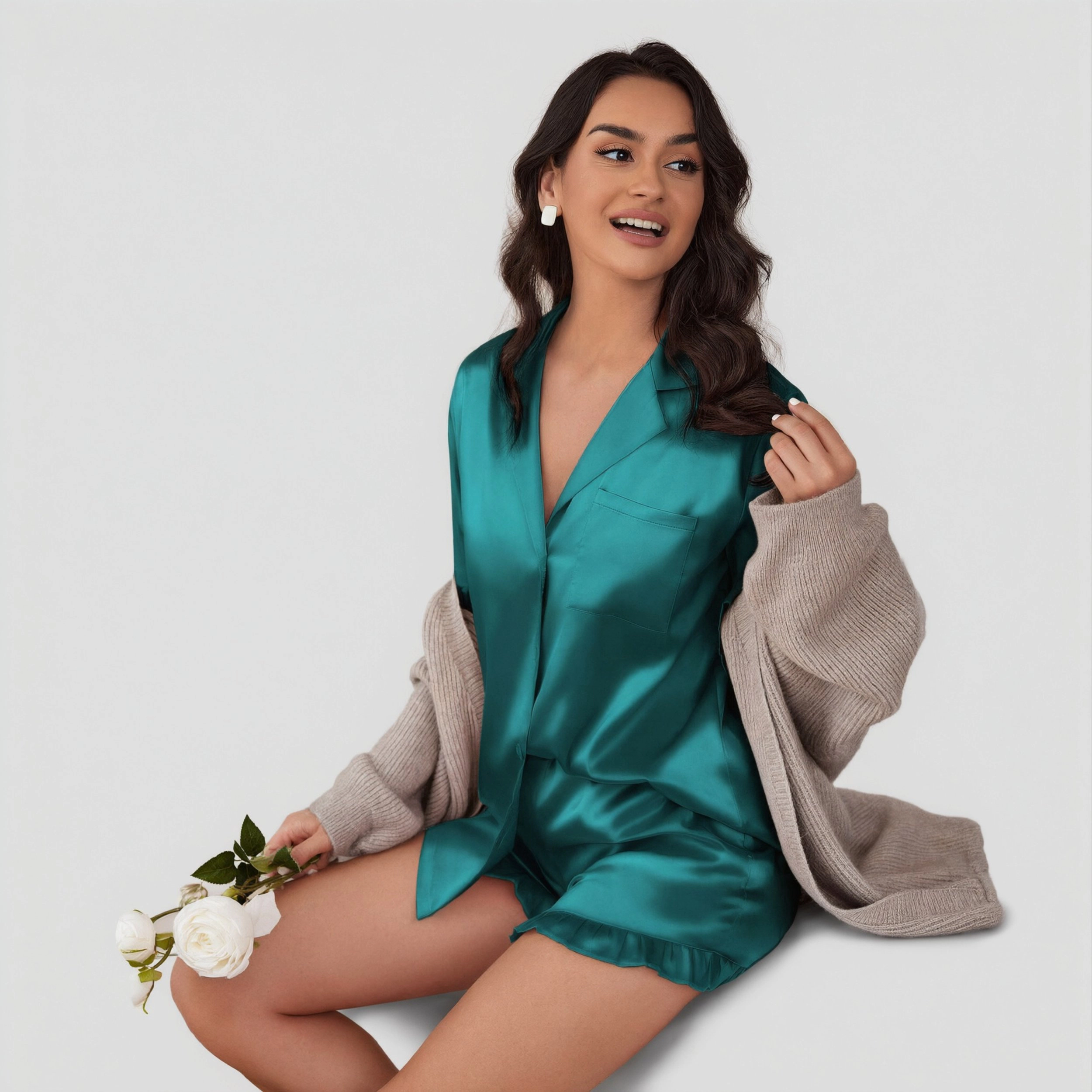 Ekouaer Satin Pajama Set Button Down Silk Two Piece Sets Ruffle Short Sleeve Sleepwear