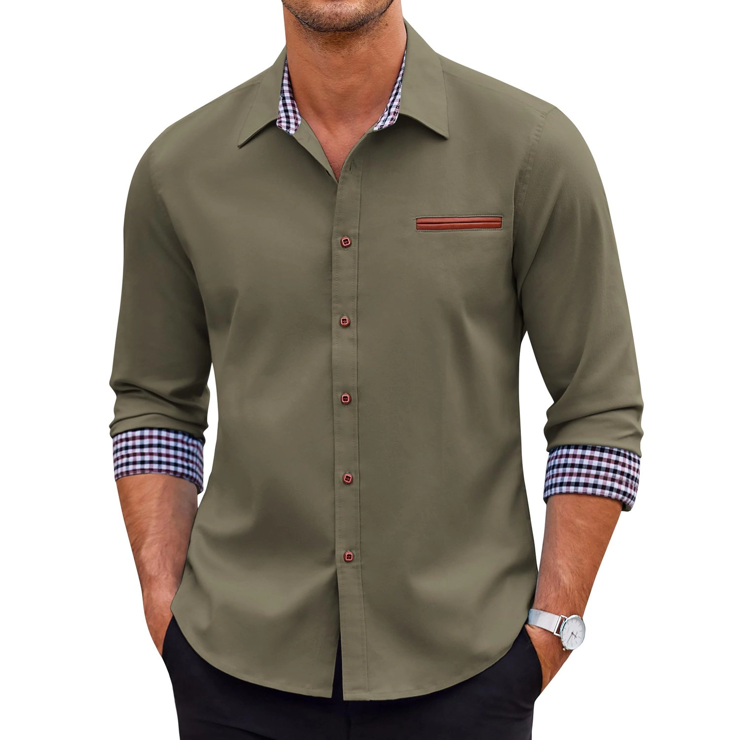 COOFANDY Mens Long Sleeve Button Down Shirts Contrast Check Cuff Dressy Casual Tops