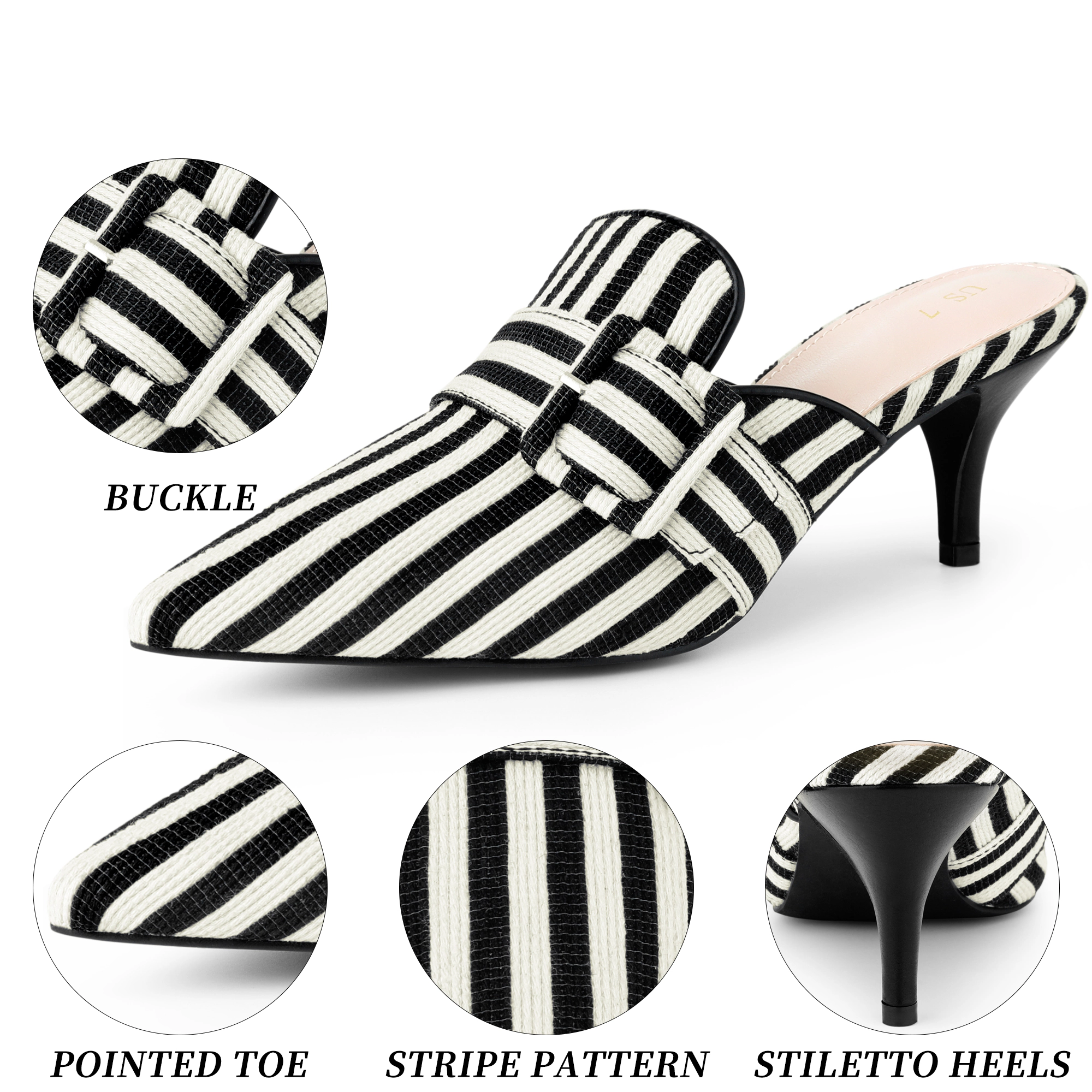 BLISSFUL STEP Women's Stripe Buckle Slip on Pointed Toe Kitten Heels Mules