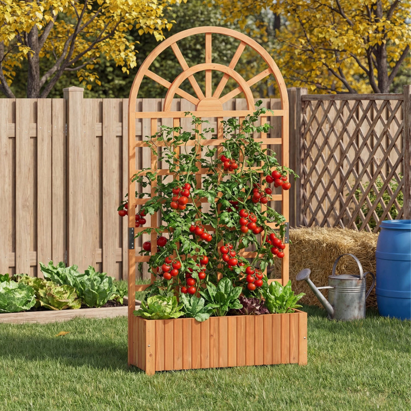 SUGIFT Brown Wood Raised Garden Bed with 71-in Lattice Trellis Privacy Screen 36-in W 12-in D 88-lb Box Capacity