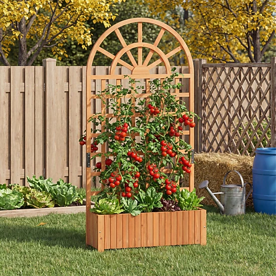 SUGIFT Brown Wood Raised Garden Bed with 71-in Lattice Trellis Privacy Screen 36-in W 12-in D 88-lb Box Capacity