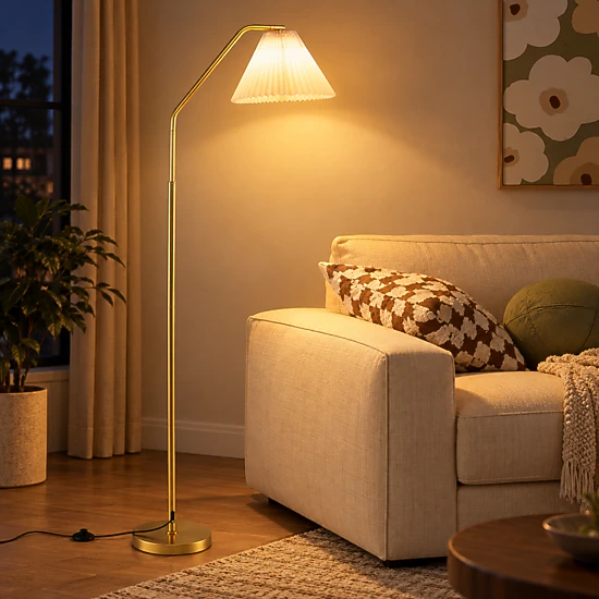 SUGIFT 350-Degree Adjustable Head Pleated Fabric Arc Floor Lamp 66-in Tall 13-in x 9-in Shade 10-in Base Gold