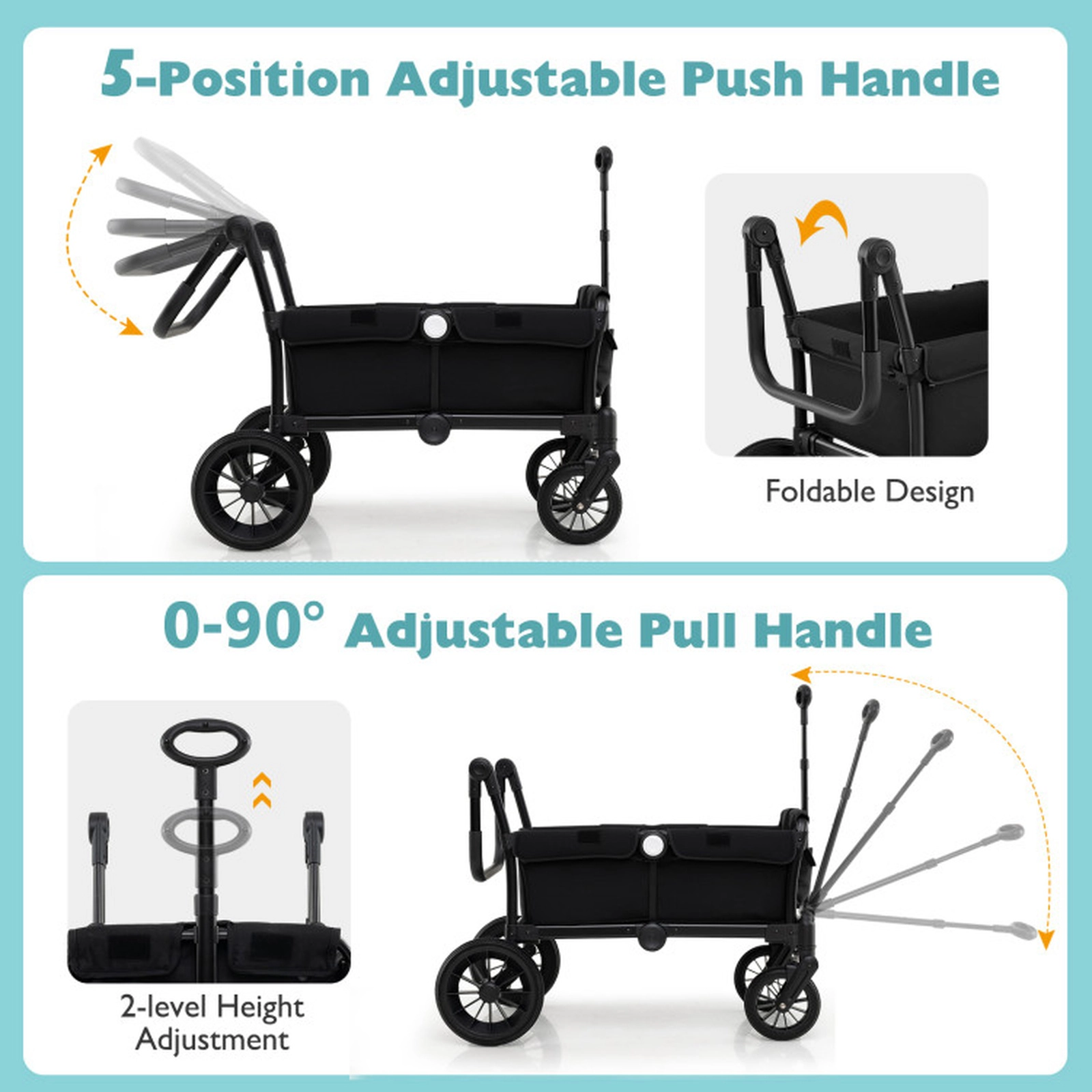 SUGIFT 2-Seater Push Pull Collapsible Kids Wagon Stroller 55-lb Capacity Per Seat Ages 6 Months+ Black/Gray