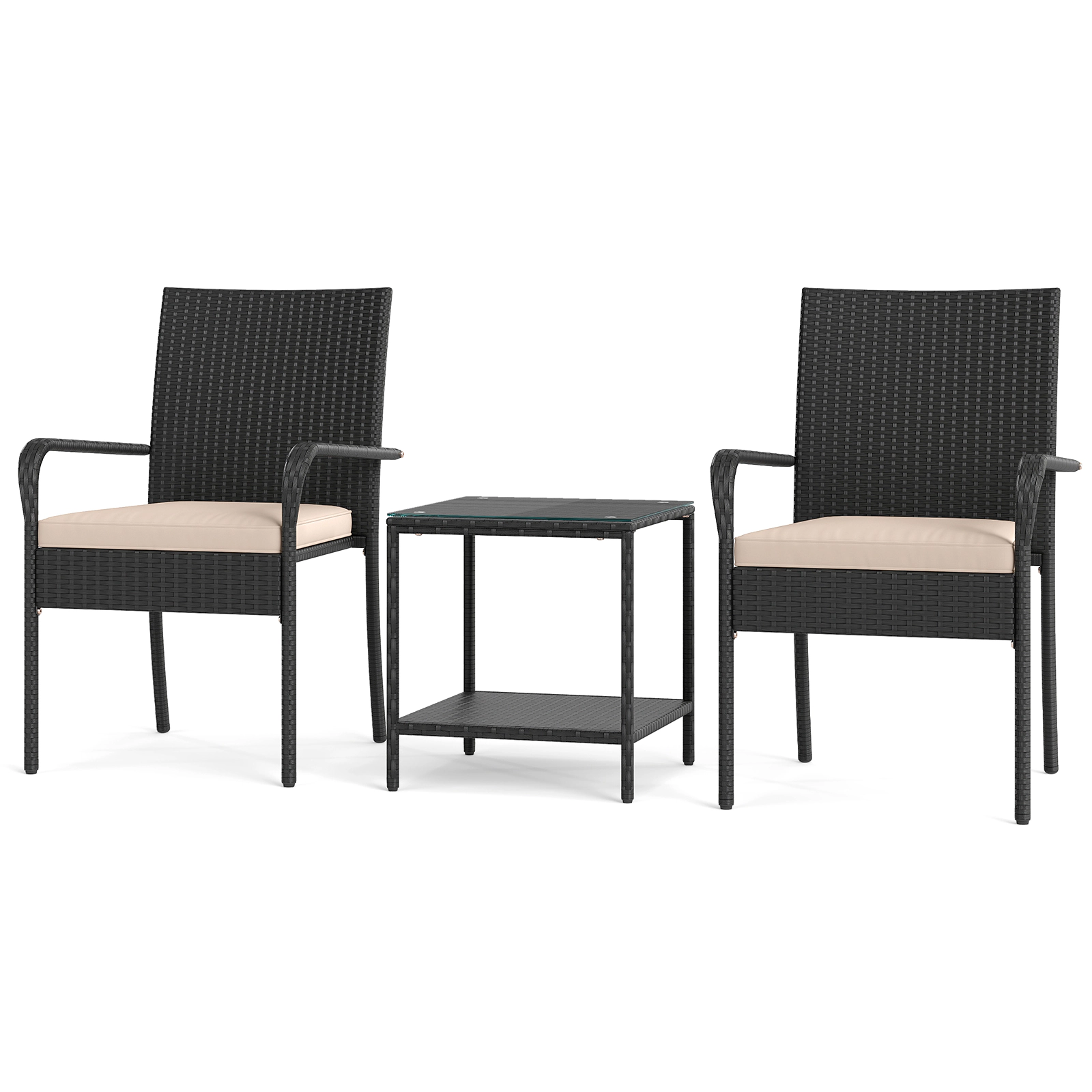 LJG 3 Piece Patio Furniture Set with Seat Cushions and Tempered Glass Tabletop